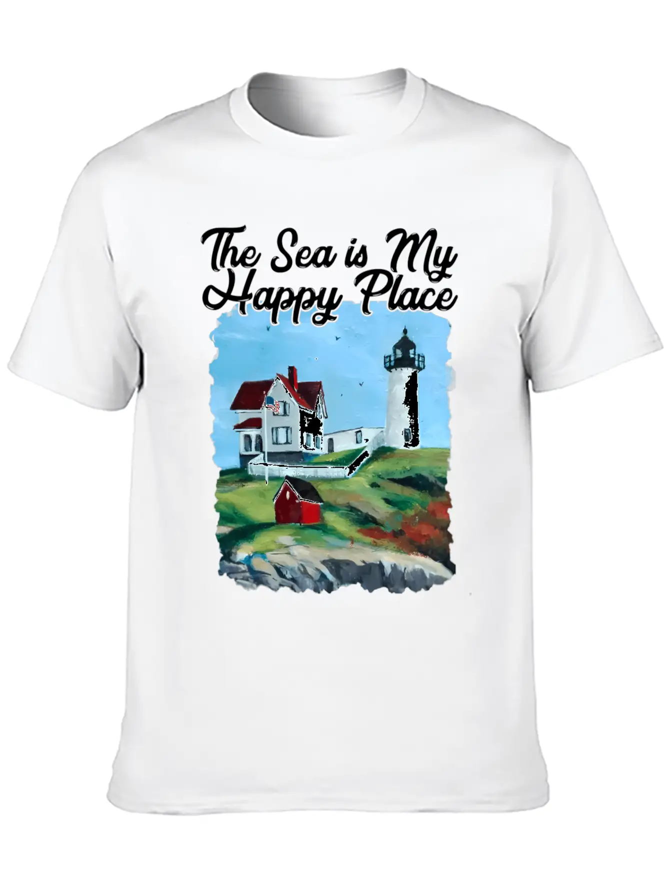Nubble Lighthouse Maine Lighthouse Painting Summer Essential Cotton Tee For Daily Outfits ¨C Unisex Style