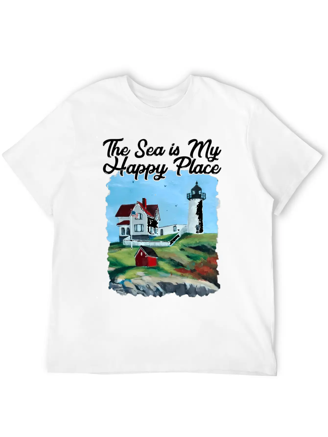 Nubble Lighthouse Maine Lighthouse Painting Summer Essential Cotton Tee For Daily Outfits ¨C Unisex Style
