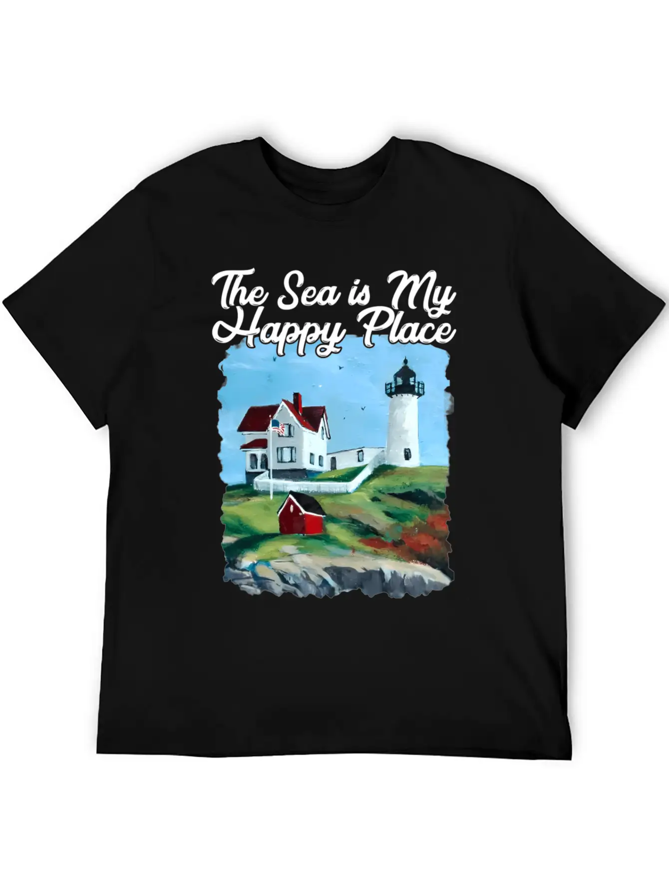 Nubble Lighthouse Maine Lighthouse Painting Summer Essential Cotton Tee For Daily Outfits ¨C Unisex Style