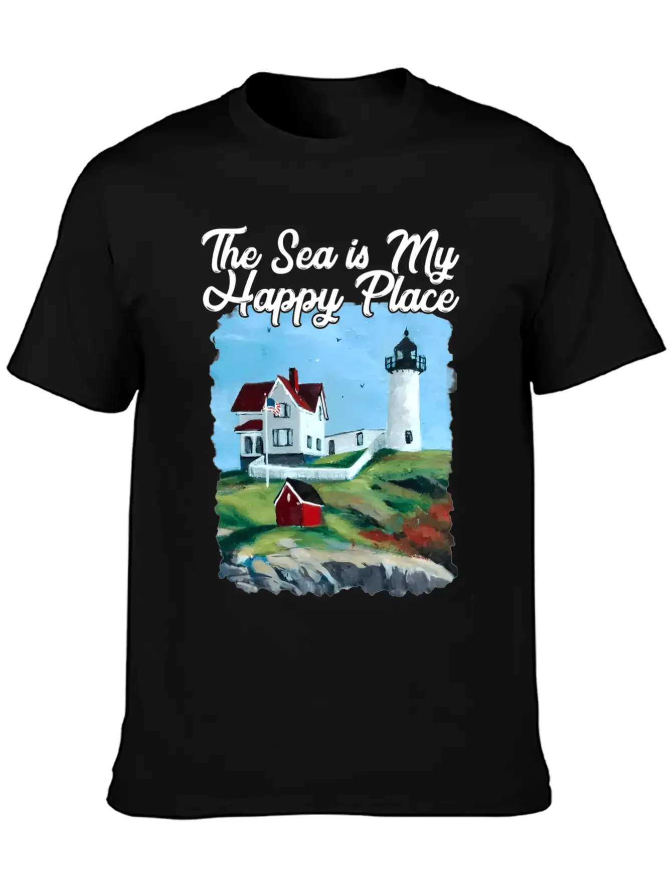 Nubble Lighthouse Maine Lighthouse Painting Summer Essential Cotton Tee For Daily Outfits ¨C Unisex Style
