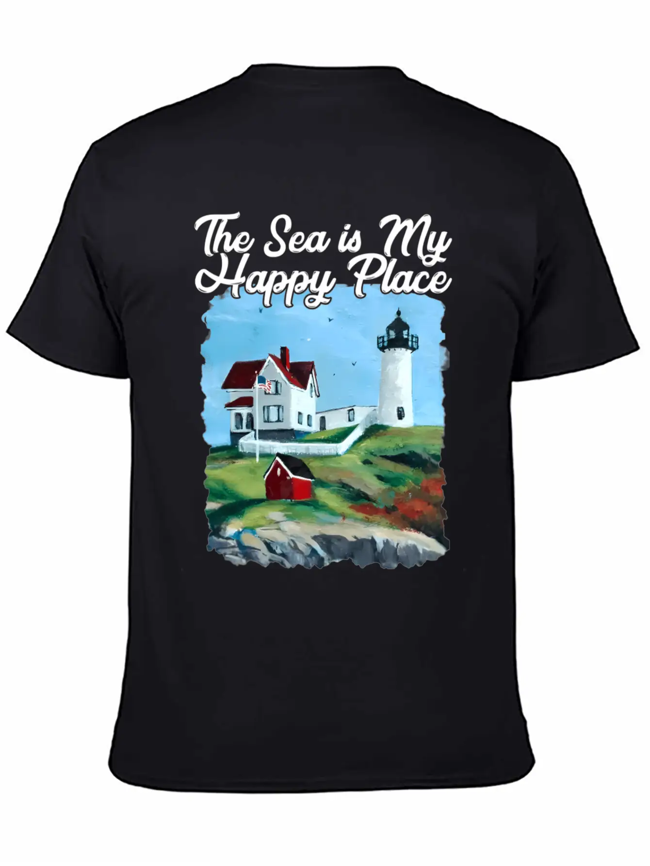 Nubble Lighthouse Maine Lighthouse Painting Summer Essential Cotton Tee For Daily Outfits ¨C Unisex Style