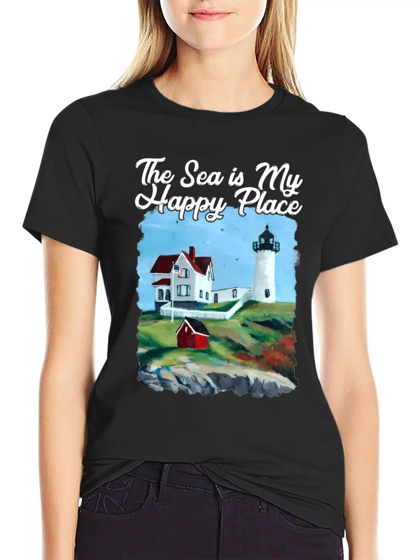 Nubble Lighthouse Maine Lighthouse Painting Summer Essential Cotton Tee For Daily Outfits ¨C Unisex Style