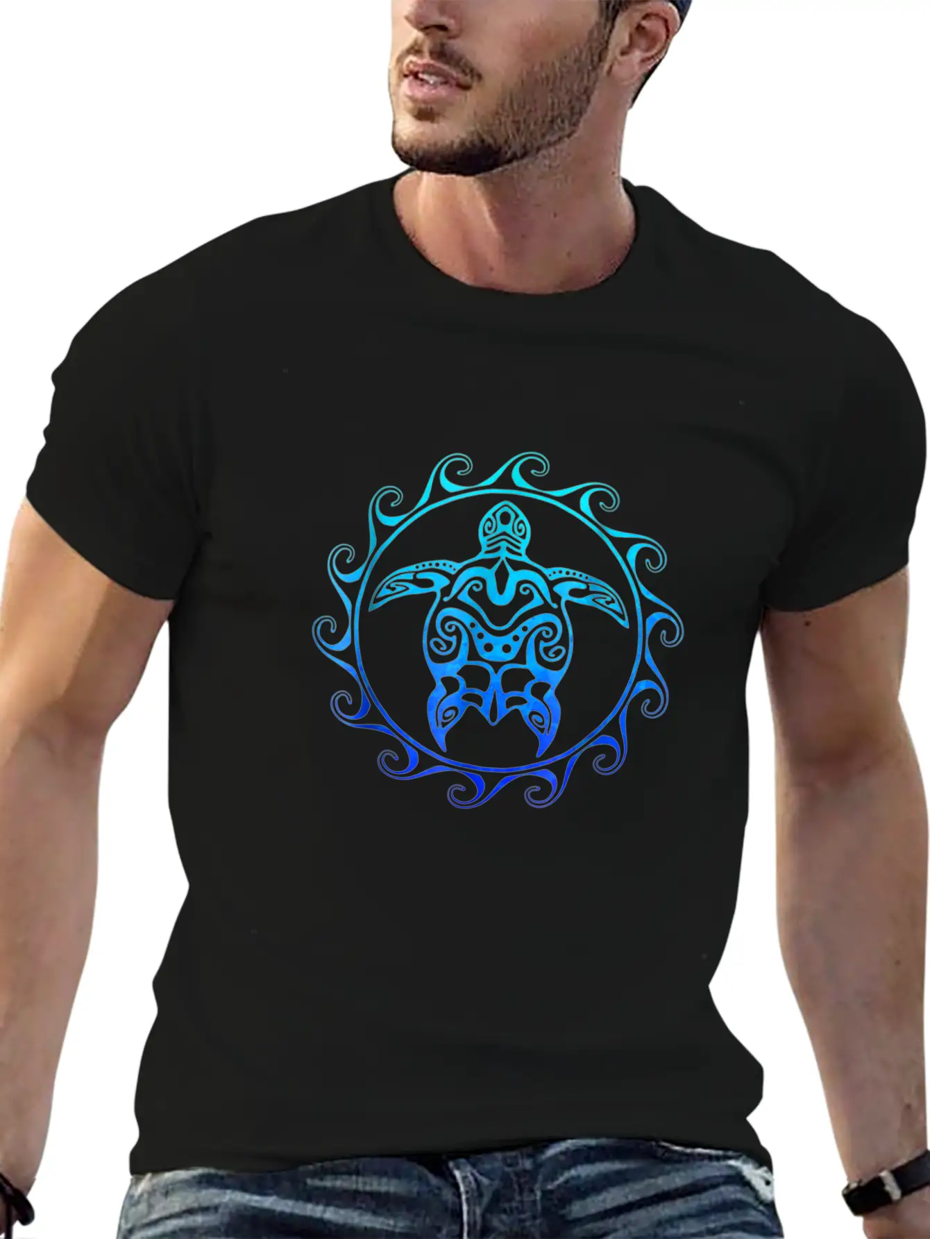 Ocean Blue Tribal Hawaiian Sea Turtle T-shirt Basic Graphic T-Shirt ¨C Daily Comfort In Soft Cotton