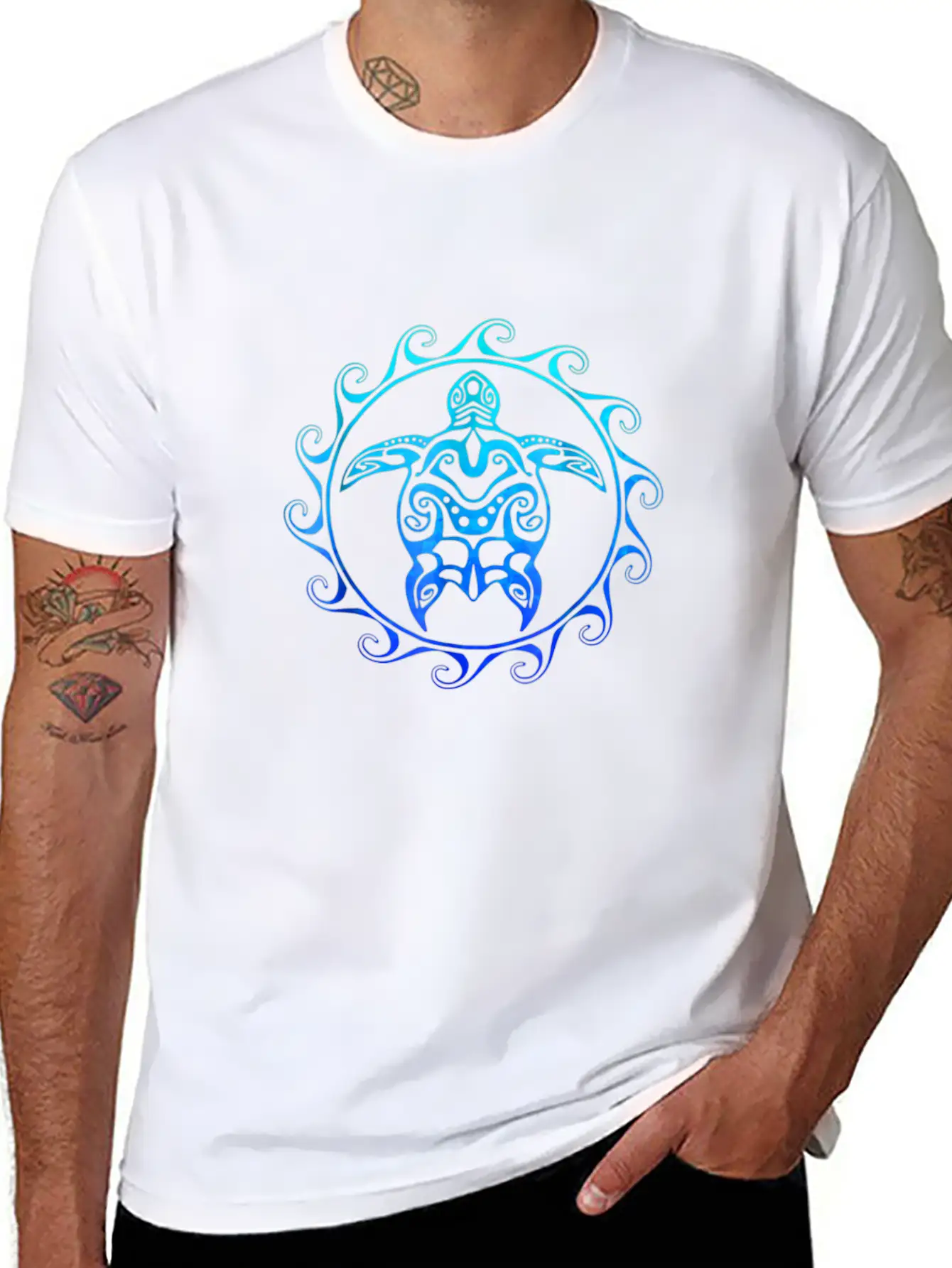 Ocean Blue Tribal Hawaiian Sea Turtle T-shirt Basic Graphic T-Shirt ¨C Daily Comfort In Soft Cotton
