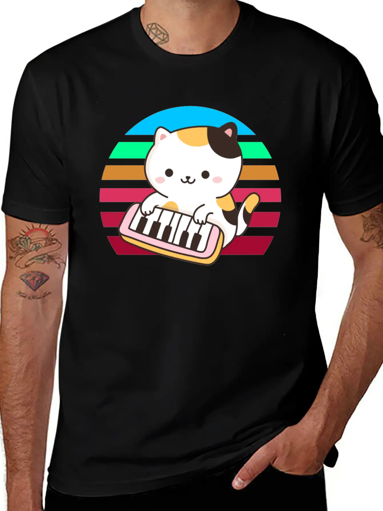 Piano Keyboard Cat Sunset Basic Graphic T-Shirt ¨C Daily Comfort In Soft Cotton