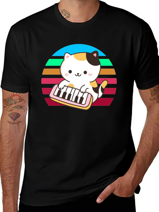 Piano Keyboard Cat Sunset Basic Graphic T-Shirt ¨C Daily Comfort In Soft Cotton