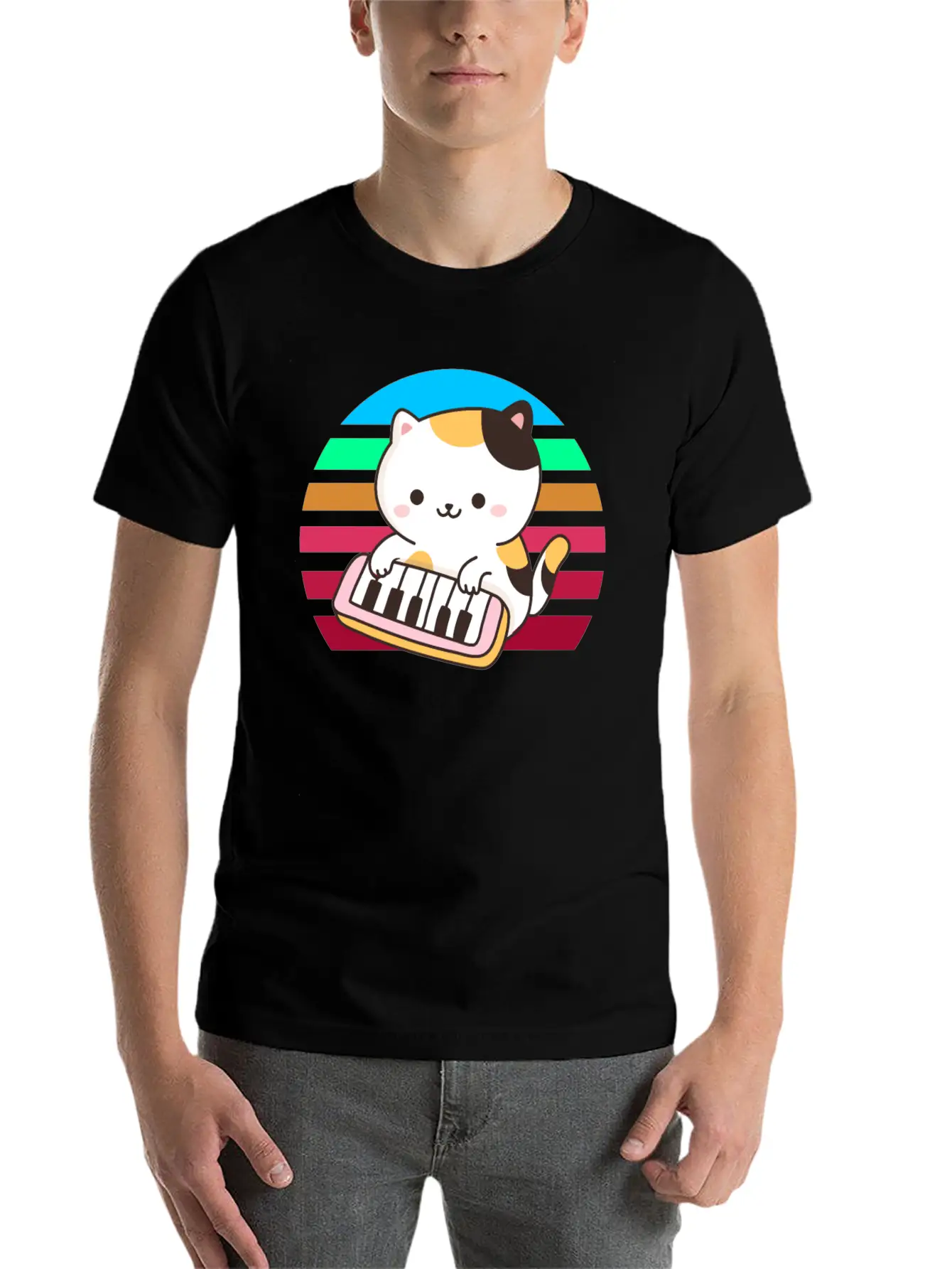 Piano Keyboard Cat Sunset Basic Graphic T-Shirt ¨C Daily Comfort In Soft Cotton
