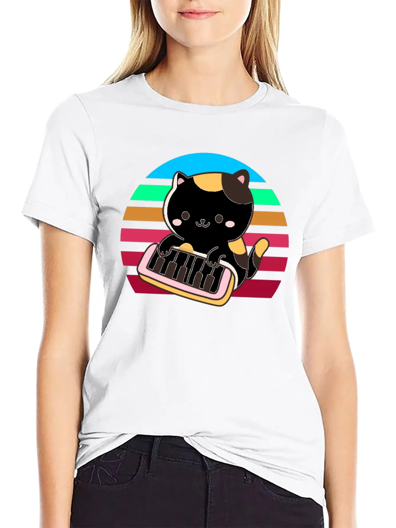 Piano Keyboard Cat Sunset Basic Graphic T-Shirt ¨C Daily Comfort In Soft Cotton