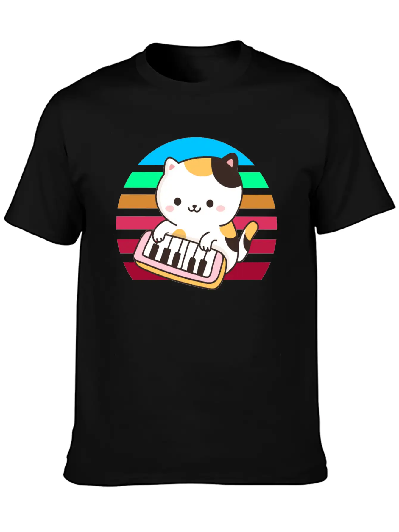Piano Keyboard Cat Sunset Basic Graphic T-Shirt ¨C Daily Comfort In Soft Cotton