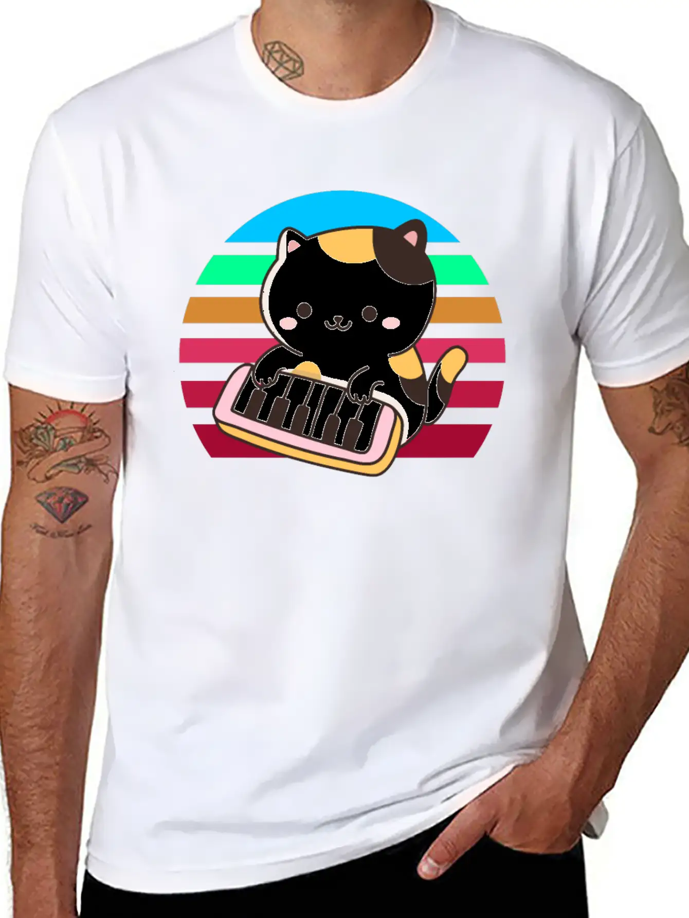Piano Keyboard Cat Sunset Basic Graphic T-Shirt ¨C Daily Comfort In Soft Cotton