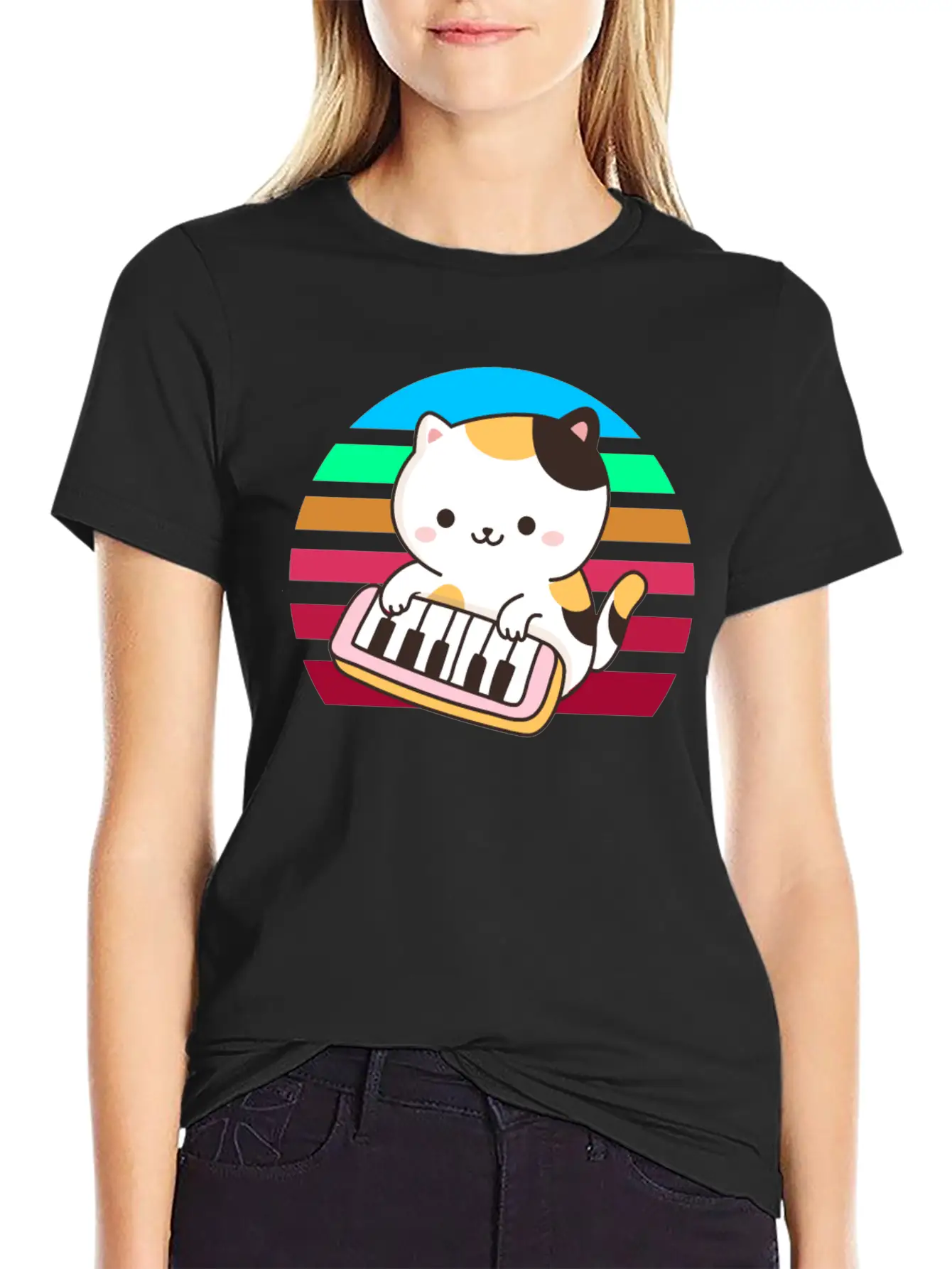 Piano Keyboard Cat Sunset Basic Graphic T-Shirt ¨C Daily Comfort In Soft Cotton