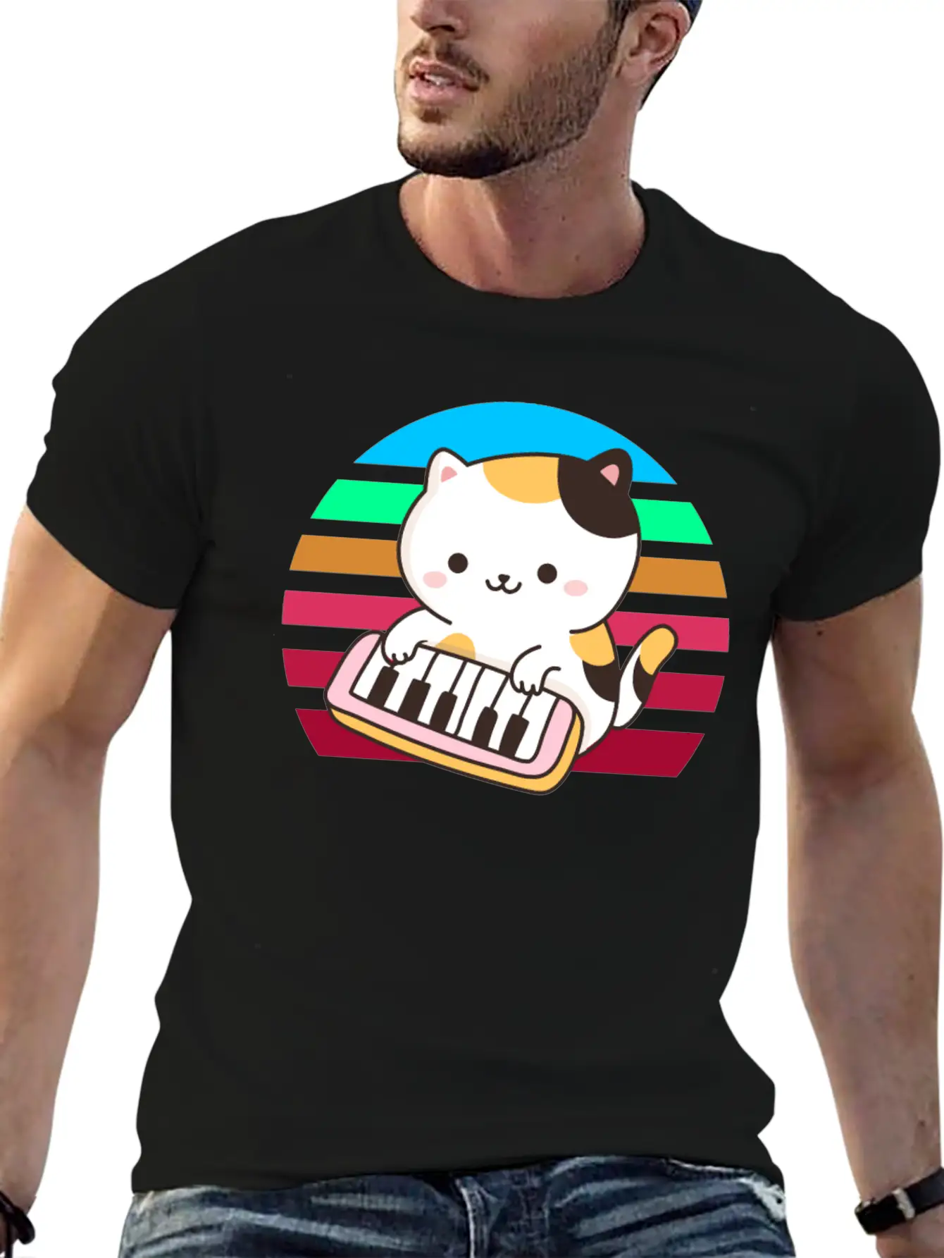 Piano Keyboard Cat Sunset Basic Graphic T-Shirt ¨C Daily Comfort In Soft Cotton
