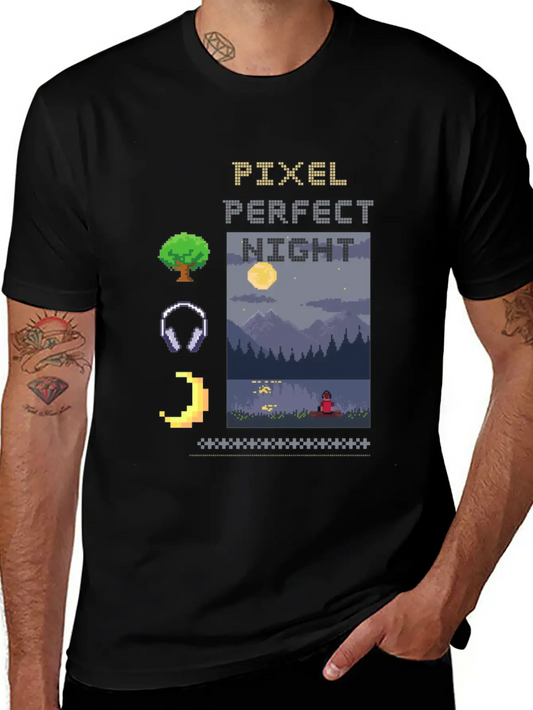Pixel Perfect Night: Man In Headphones By Lake Wit Basic Graphic T-Shirt ¨C Daily Comfort In Soft Cotton