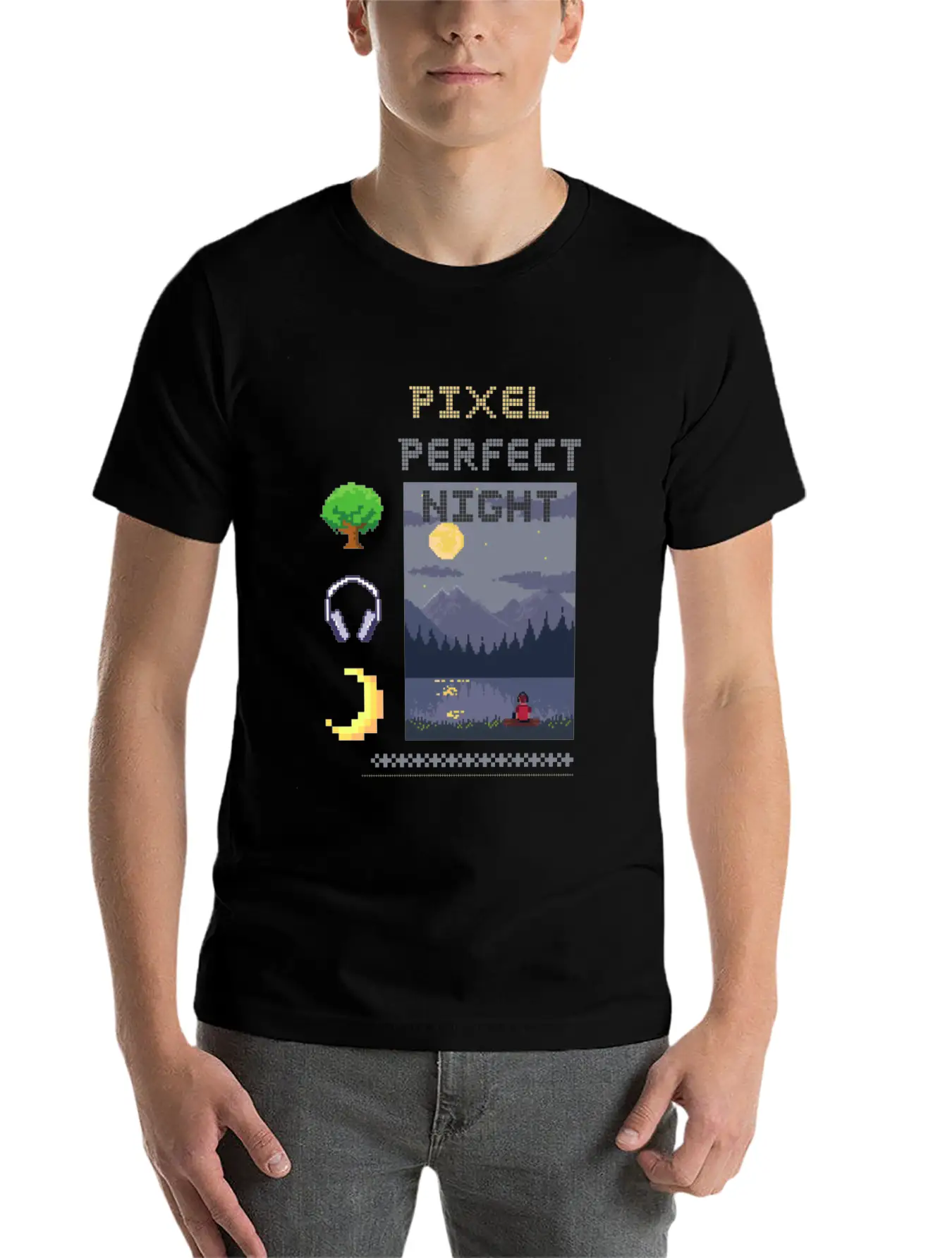 Pixel Perfect Night: Man In Headphones By Lake Wit Basic Graphic T-Shirt ¨C Daily Comfort In Soft Cotton