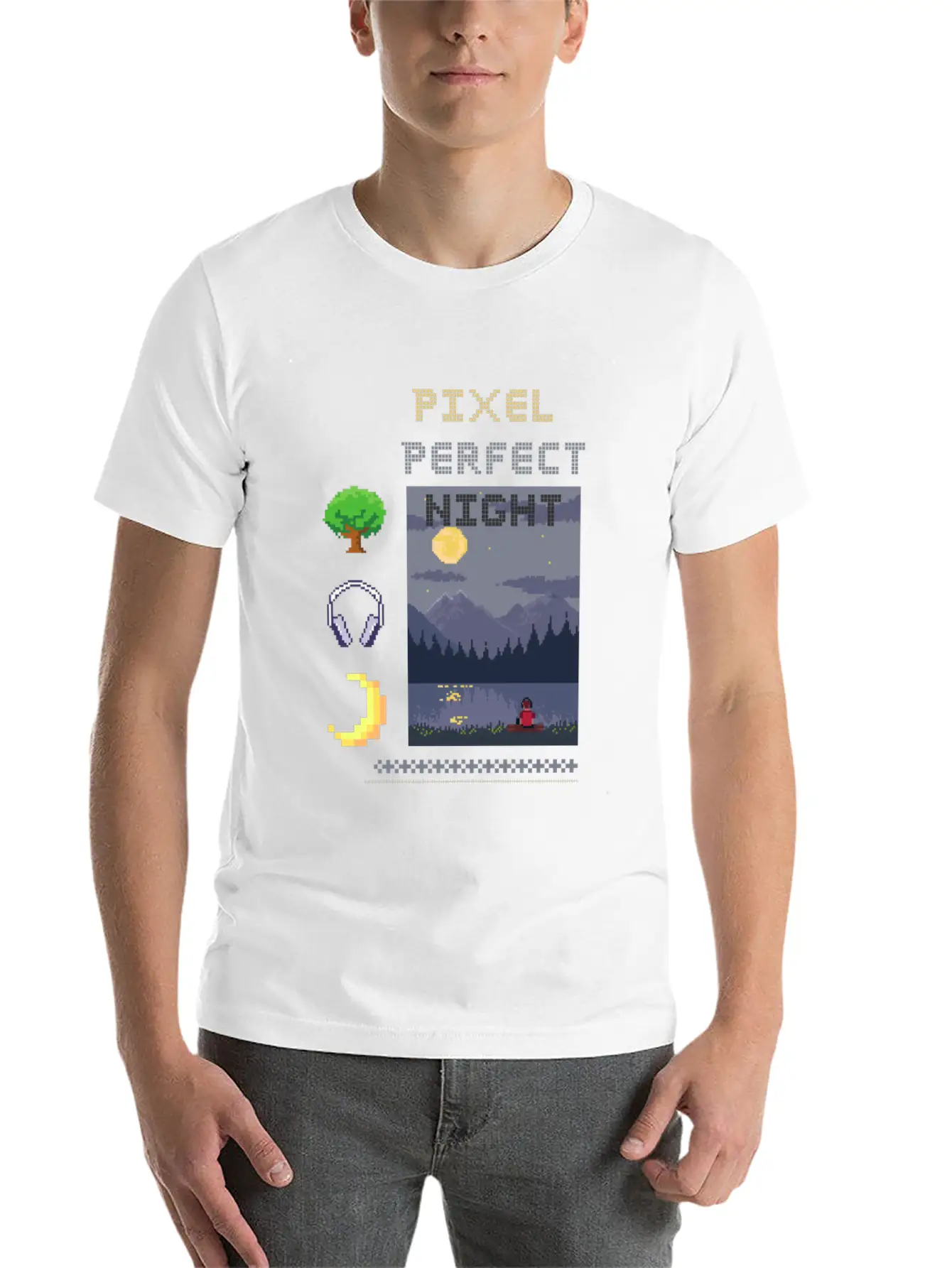 Pixel Perfect Night: Man In Headphones By Lake Wit Basic Graphic T-Shirt ¨C Daily Comfort In Soft Cotton