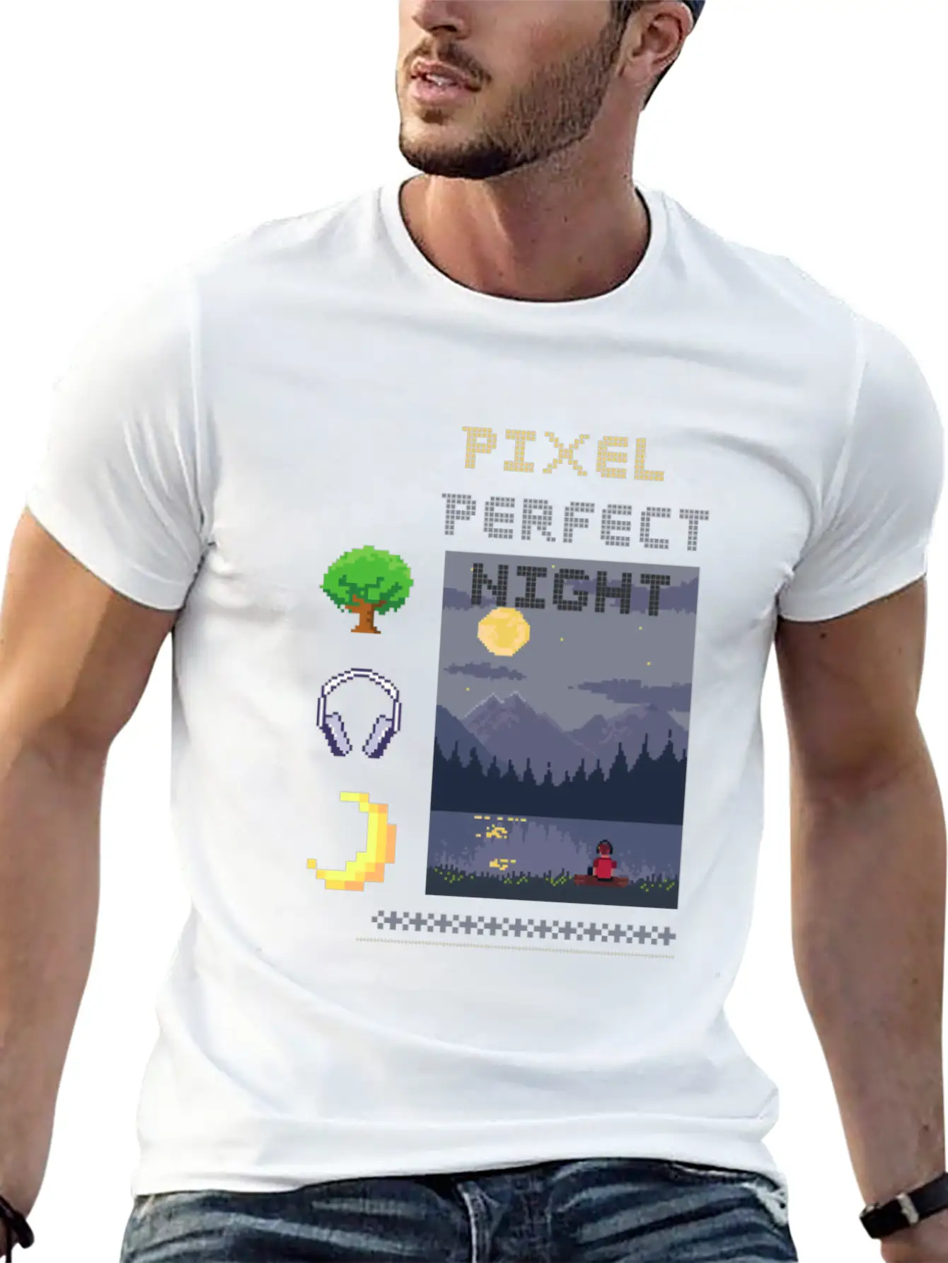 Pixel Perfect Night: Man In Headphones By Lake Wit Basic Graphic T-Shirt ¨C Daily Comfort In Soft Cotton