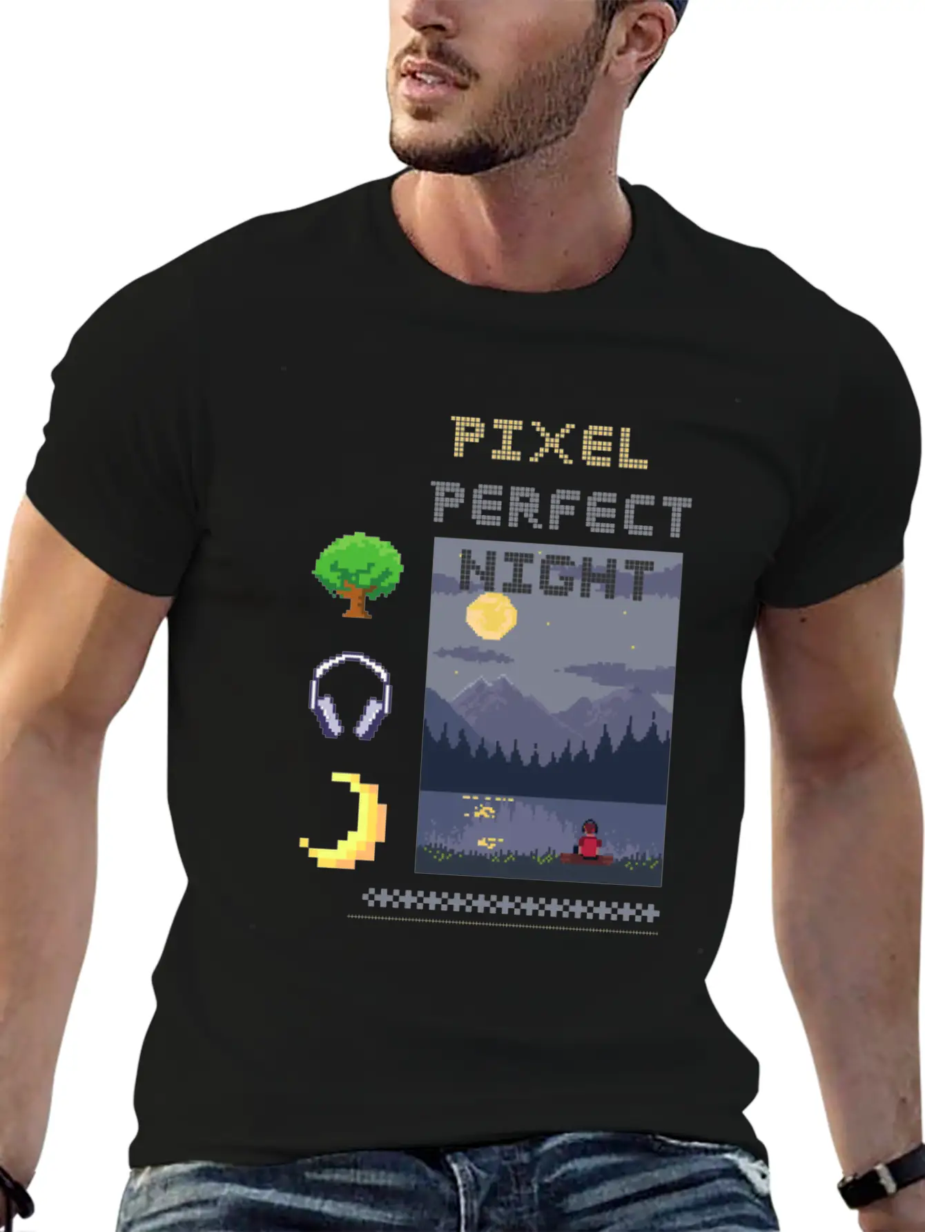 Pixel Perfect Night: Man In Headphones By Lake Wit Basic Graphic T-Shirt ¨C Daily Comfort In Soft Cotton