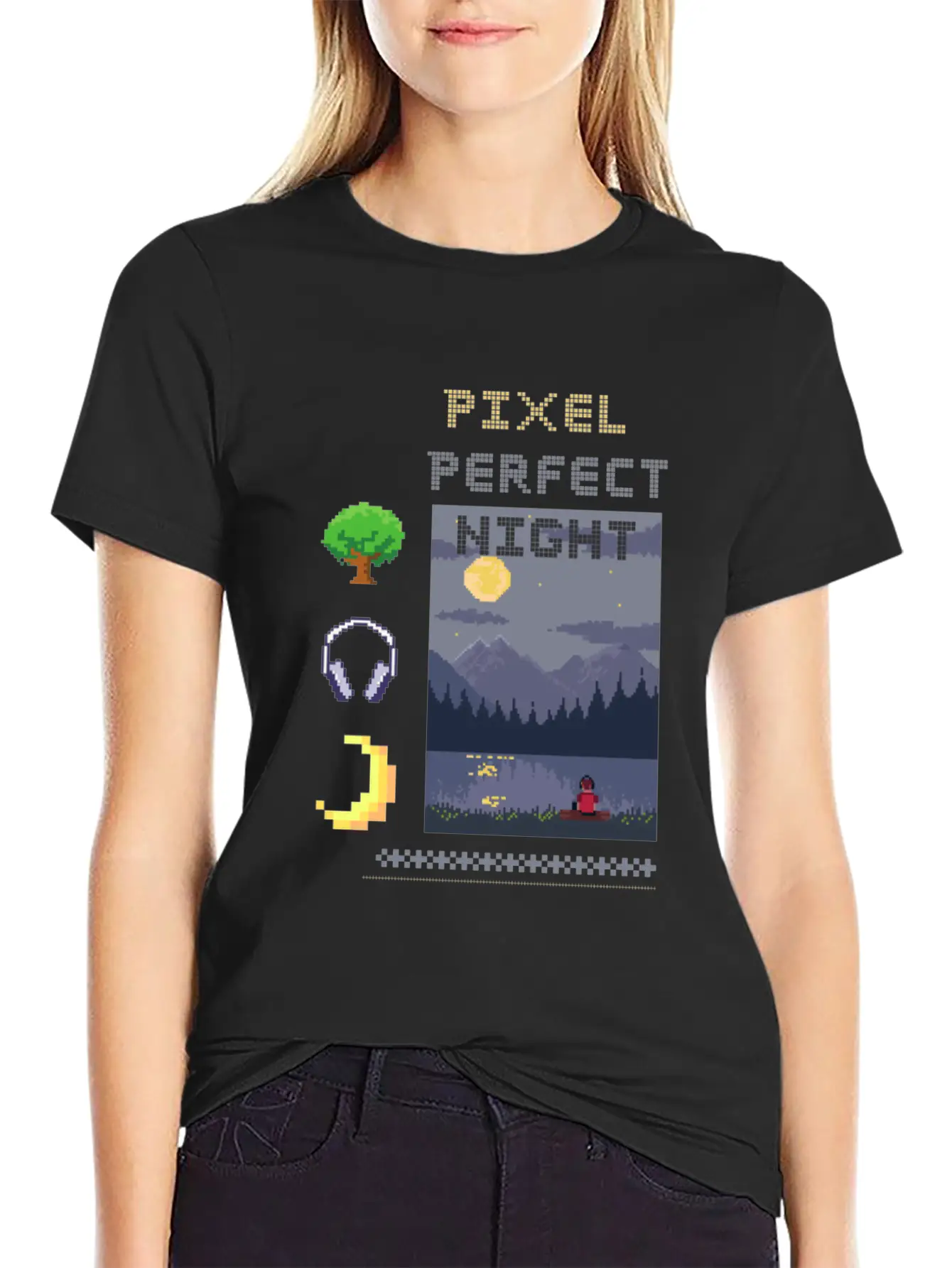 Pixel Perfect Night: Man In Headphones By Lake Wit Basic Graphic T-Shirt ¨C Daily Comfort In Soft Cotton