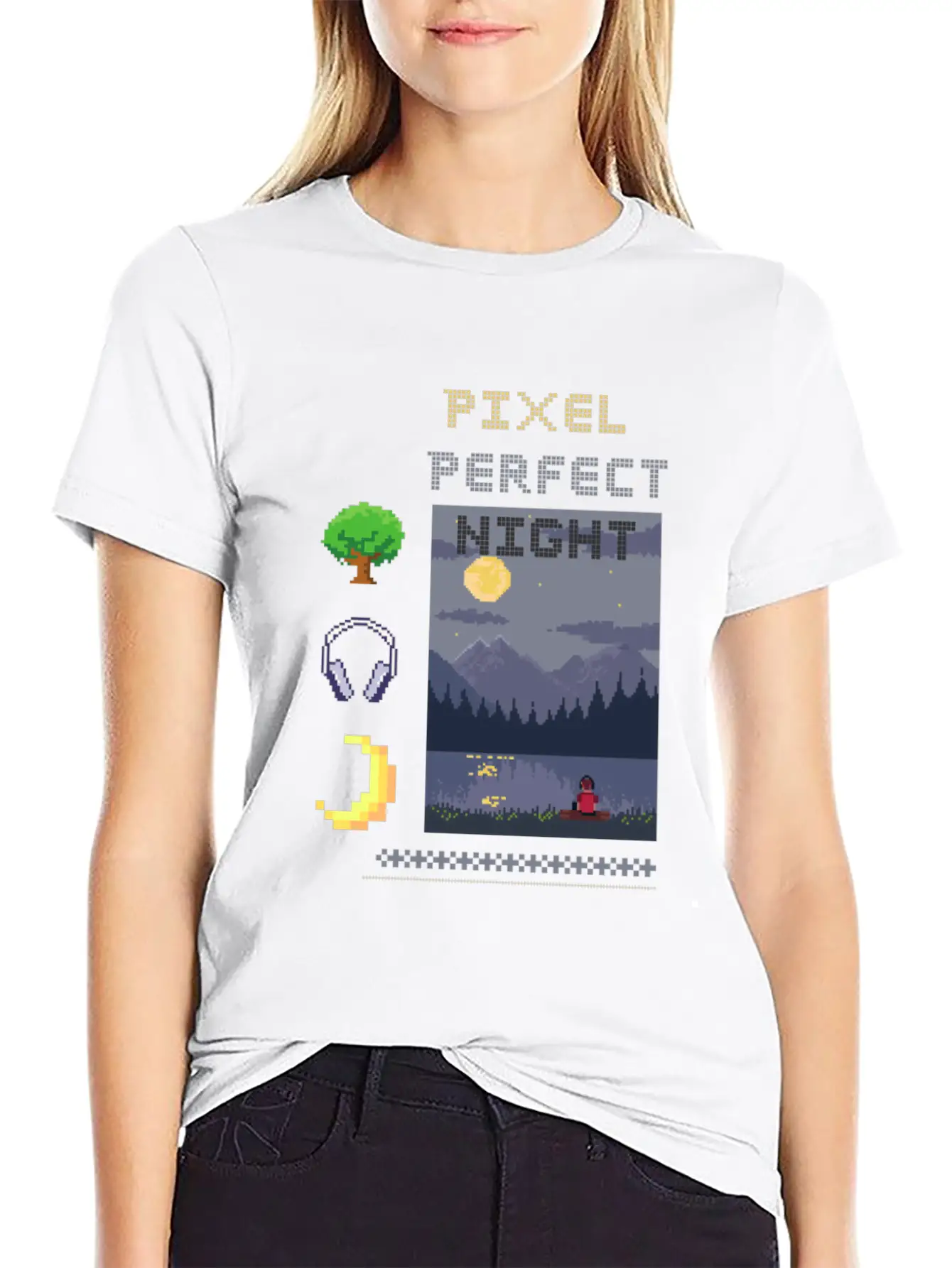 Pixel Perfect Night: Man In Headphones By Lake Wit Basic Graphic T-Shirt ¨C Daily Comfort In Soft Cotton