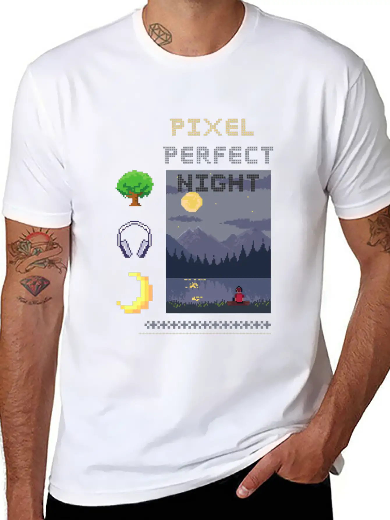Pixel Perfect Night: Man In Headphones By Lake Wit Basic Graphic T-Shirt ¨C Daily Comfort In Soft Cotton