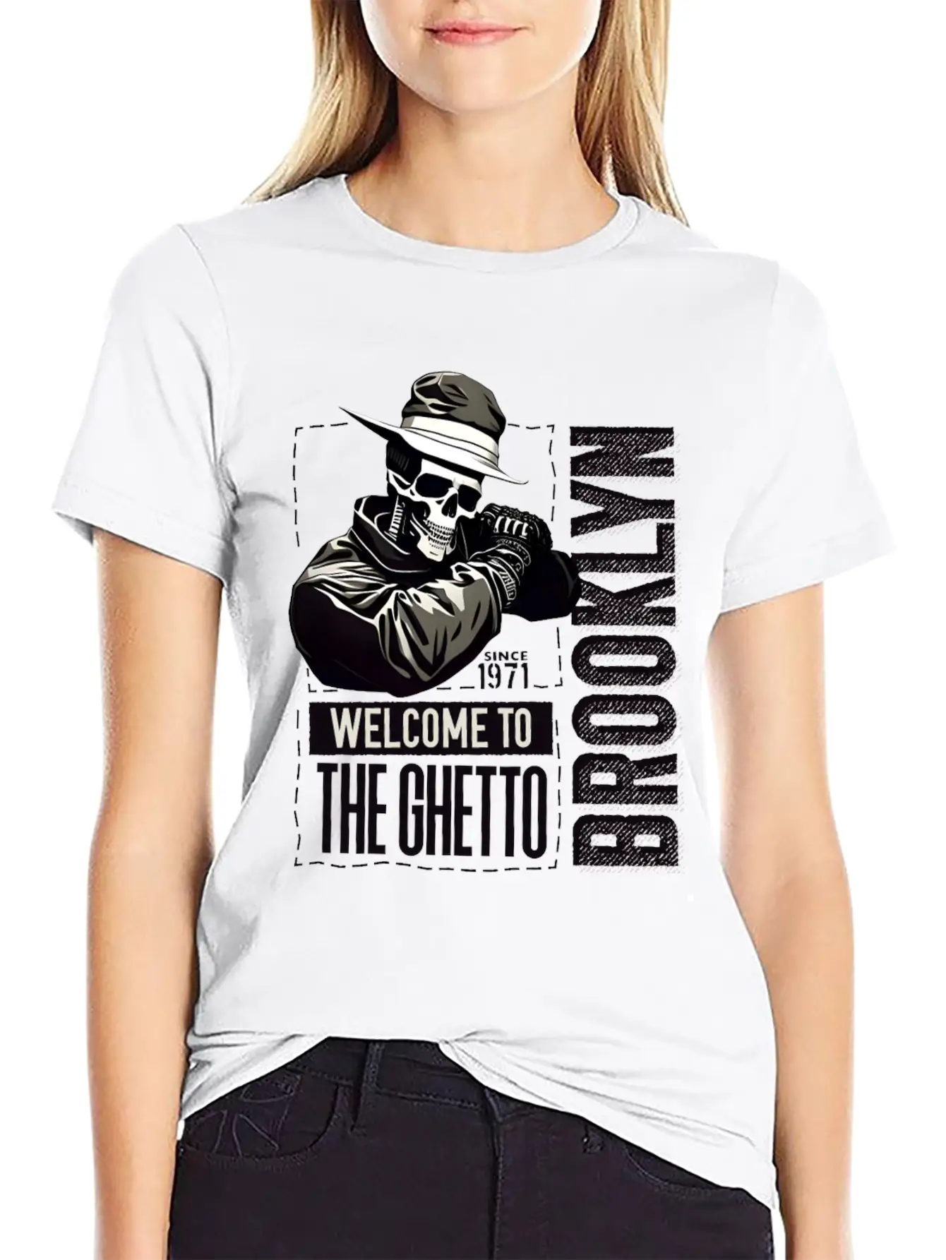 Skull Welcome To The Ghetto Brooklyn New York USA Essential Cotton Tee For Daily Outfits ¨C Unisex Style