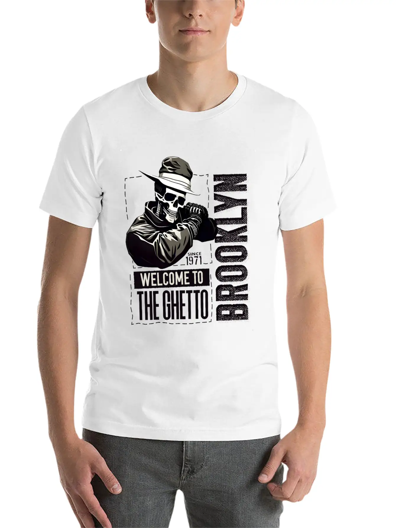 Skull Welcome To The Ghetto Brooklyn New York USA Essential Cotton Tee For Daily Outfits ¨C Unisex Style