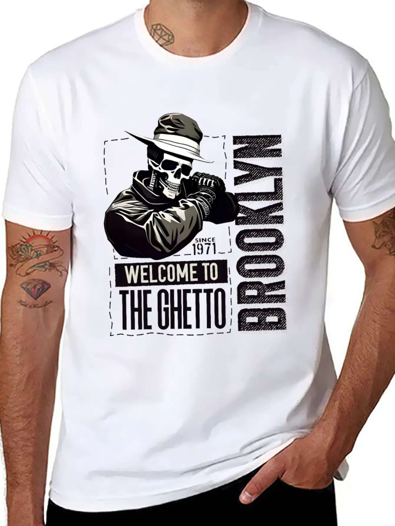Skull Welcome To The Ghetto Brooklyn New York USA Essential Cotton Tee For Daily Outfits ¨C Unisex Style