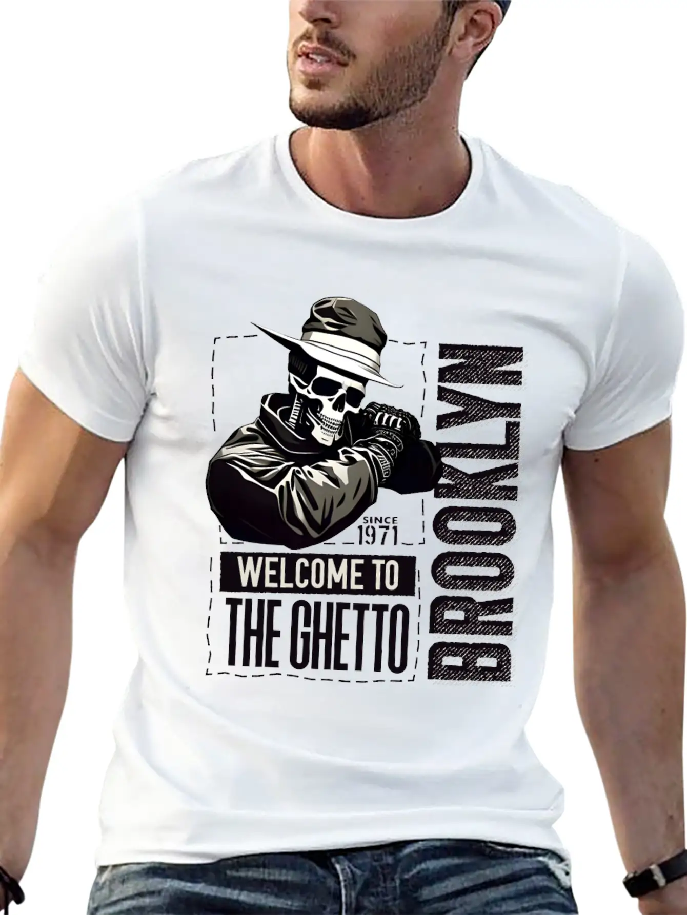 Skull Welcome To The Ghetto Brooklyn New York USA Essential Cotton Tee For Daily Outfits ¨C Unisex Style