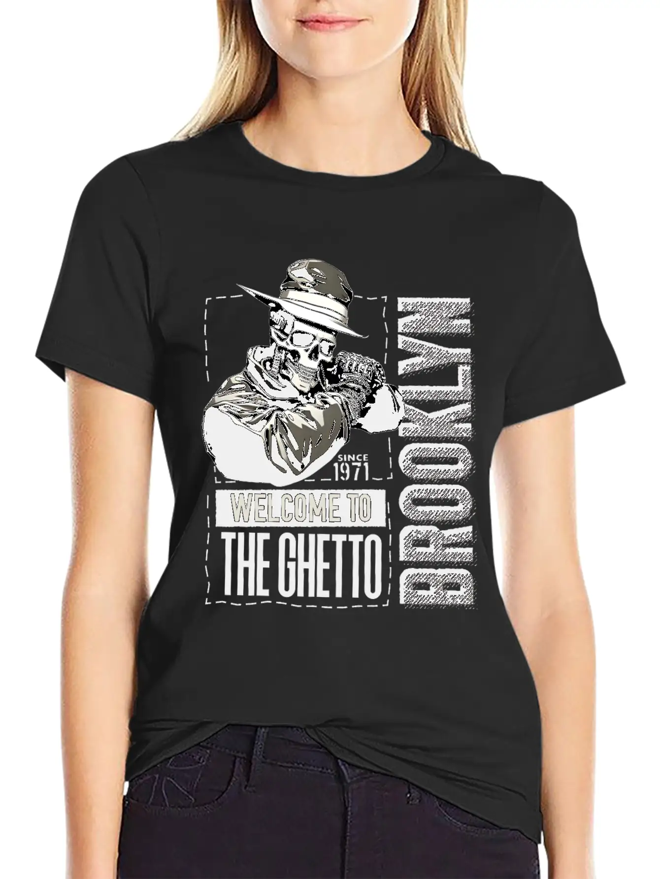 Skull Welcome To The Ghetto Brooklyn New York USA Essential Cotton Tee For Daily Outfits ¨C Unisex Style