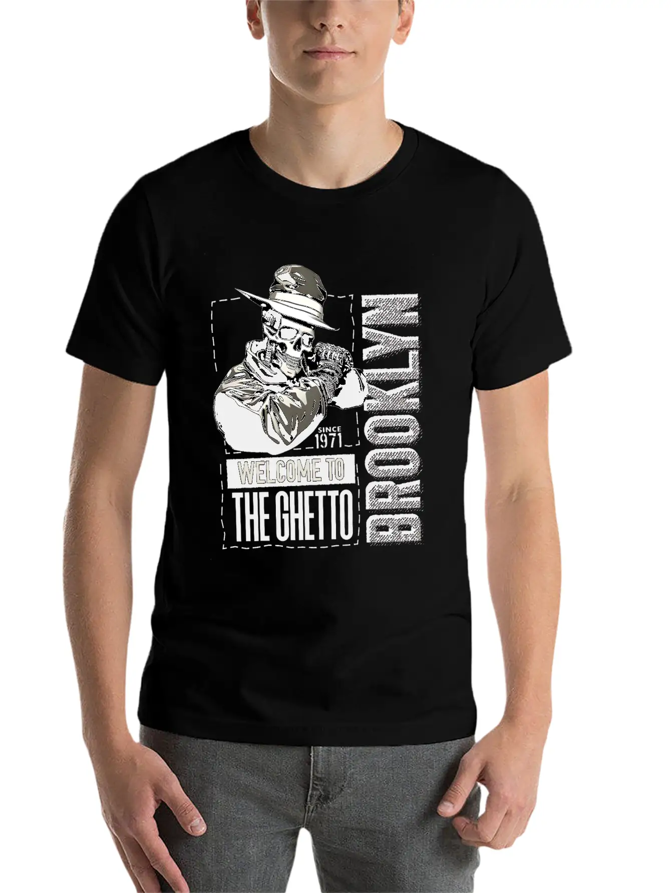 Skull Welcome To The Ghetto Brooklyn New York USA Essential Cotton Tee For Daily Outfits ¨C Unisex Style