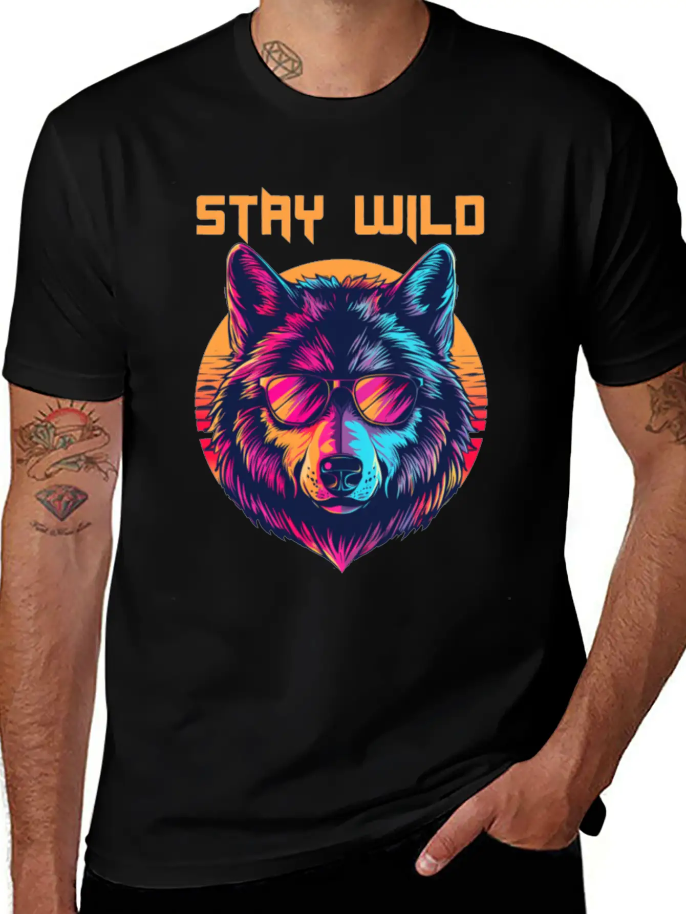 Stay Wild Wolf Colorful Retro Animal Sunglasses Essential Cotton Tee For Daily Outfits ¨C Unisex Style