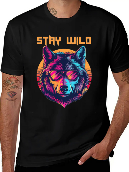 Stay Wild Wolf Colorful Retro Animal Sunglasses Essential Cotton Tee For Daily Outfits ¨C Unisex Style