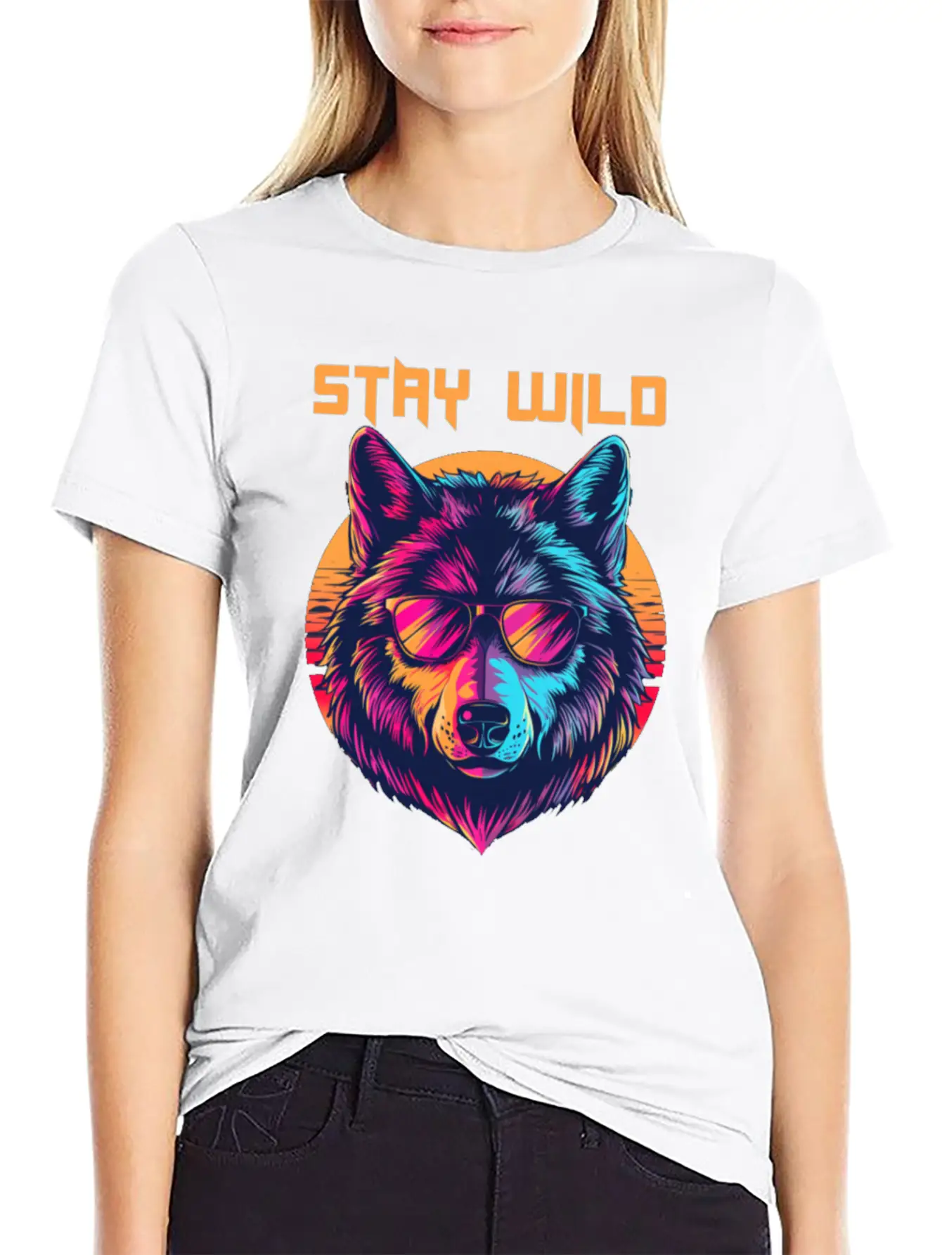 Stay Wild Wolf Colorful Retro Animal Sunglasses Essential Cotton Tee For Daily Outfits ¨C Unisex Style