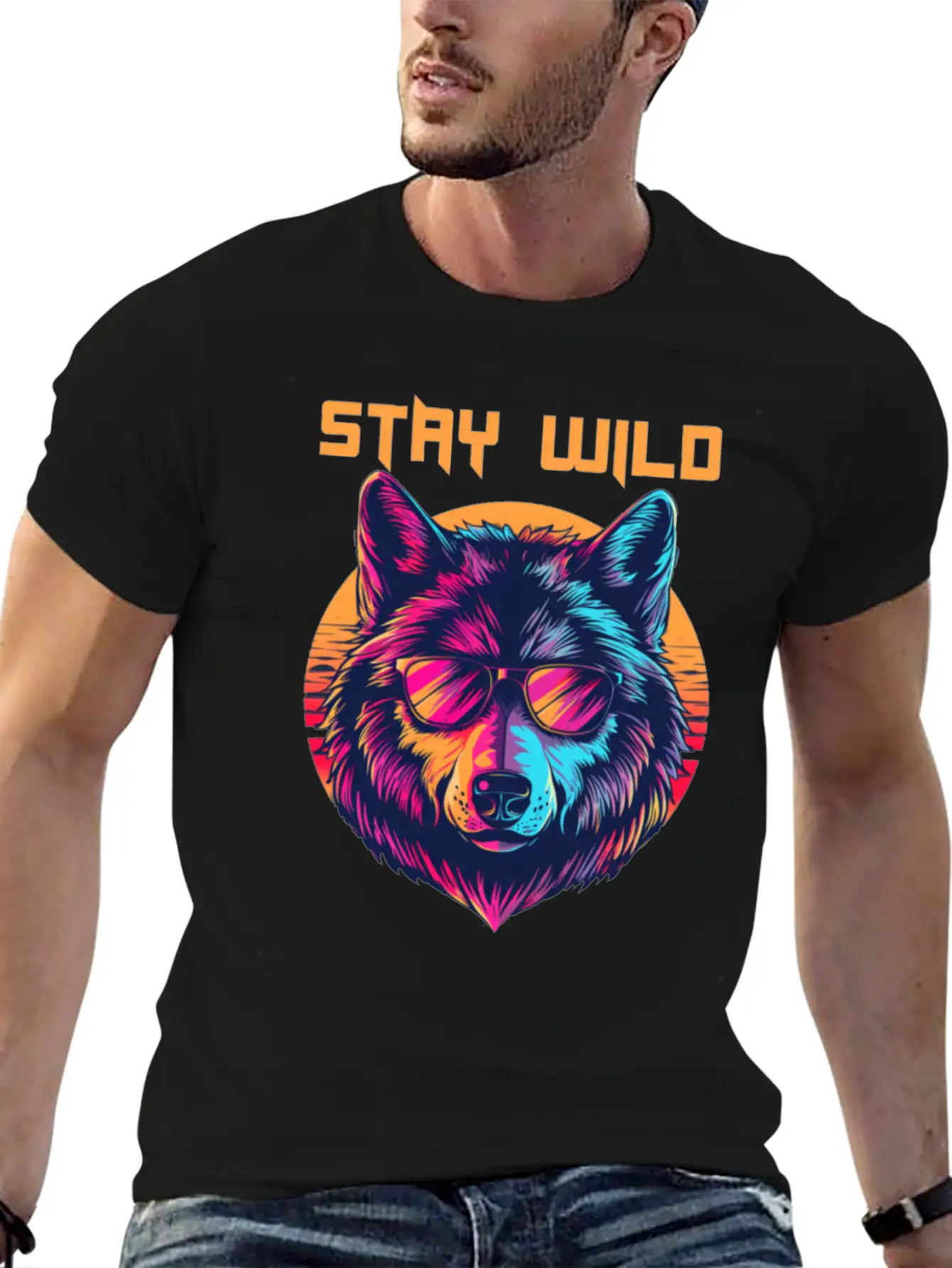 Stay Wild Wolf Colorful Retro Animal Sunglasses Essential Cotton Tee For Daily Outfits ¨C Unisex Style