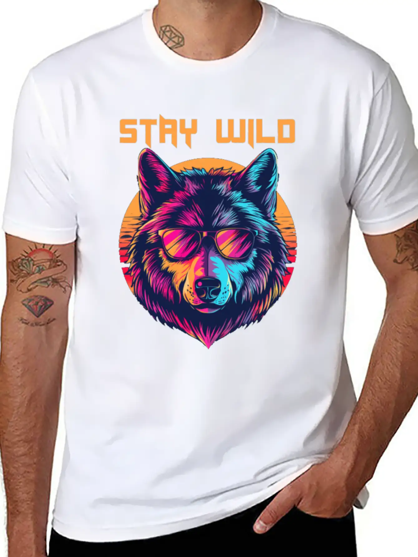 Stay Wild Wolf Colorful Retro Animal Sunglasses Essential Cotton Tee For Daily Outfits ¨C Unisex Style