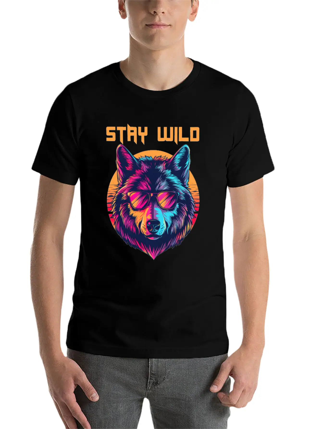 Stay Wild Wolf Colorful Retro Animal Sunglasses Essential Cotton Tee For Daily Outfits ¨C Unisex Style