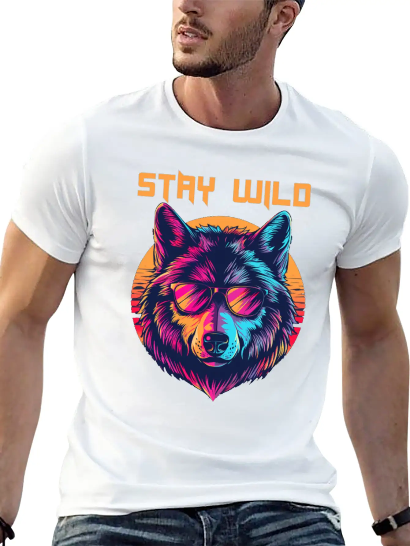 Stay Wild Wolf Colorful Retro Animal Sunglasses Essential Cotton Tee For Daily Outfits ¨C Unisex Style