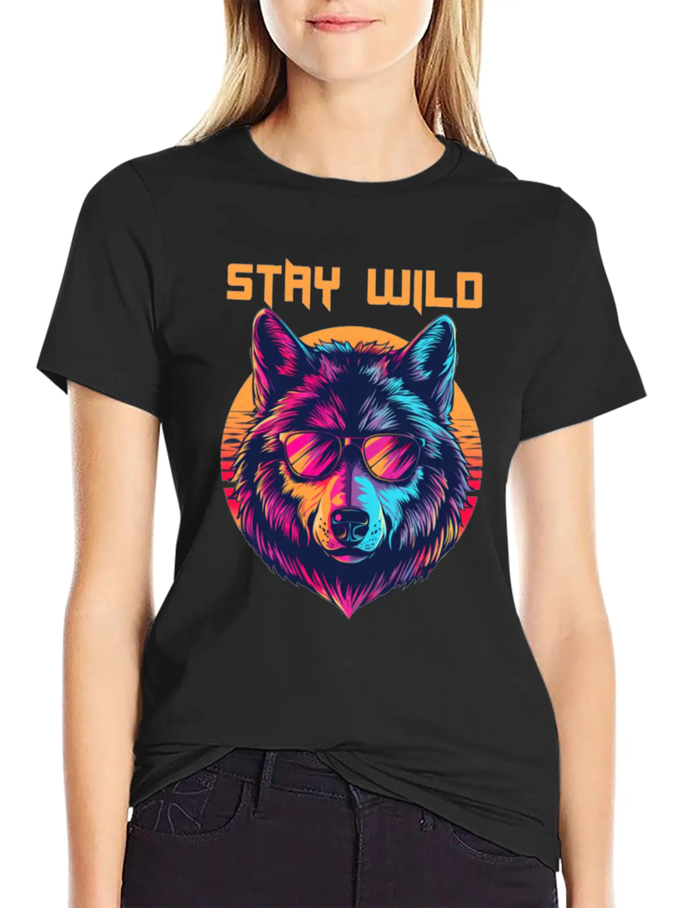 Stay Wild Wolf Colorful Retro Animal Sunglasses Essential Cotton Tee For Daily Outfits ¨C Unisex Style