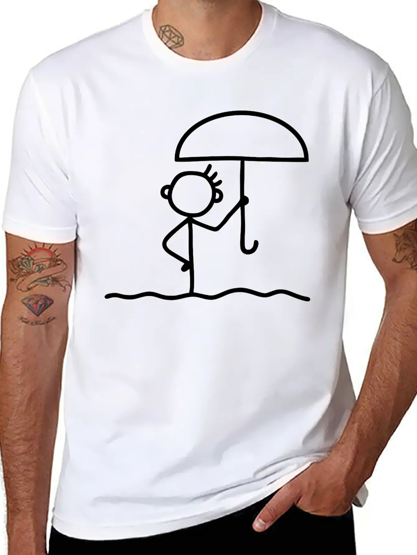 Stick Figure With Umbrella Essential Cotton Tee For Daily Outfits ¨C Unisex Style