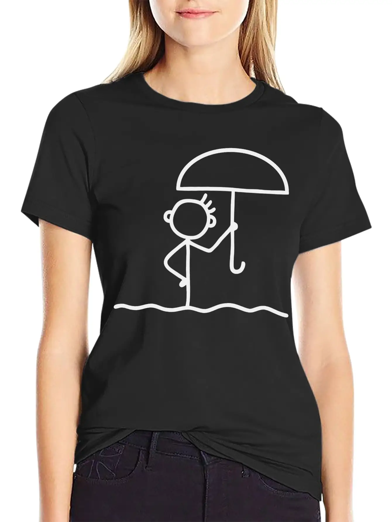 Stick Figure With Umbrella Essential Cotton Tee For Daily Outfits ¨C Unisex Style