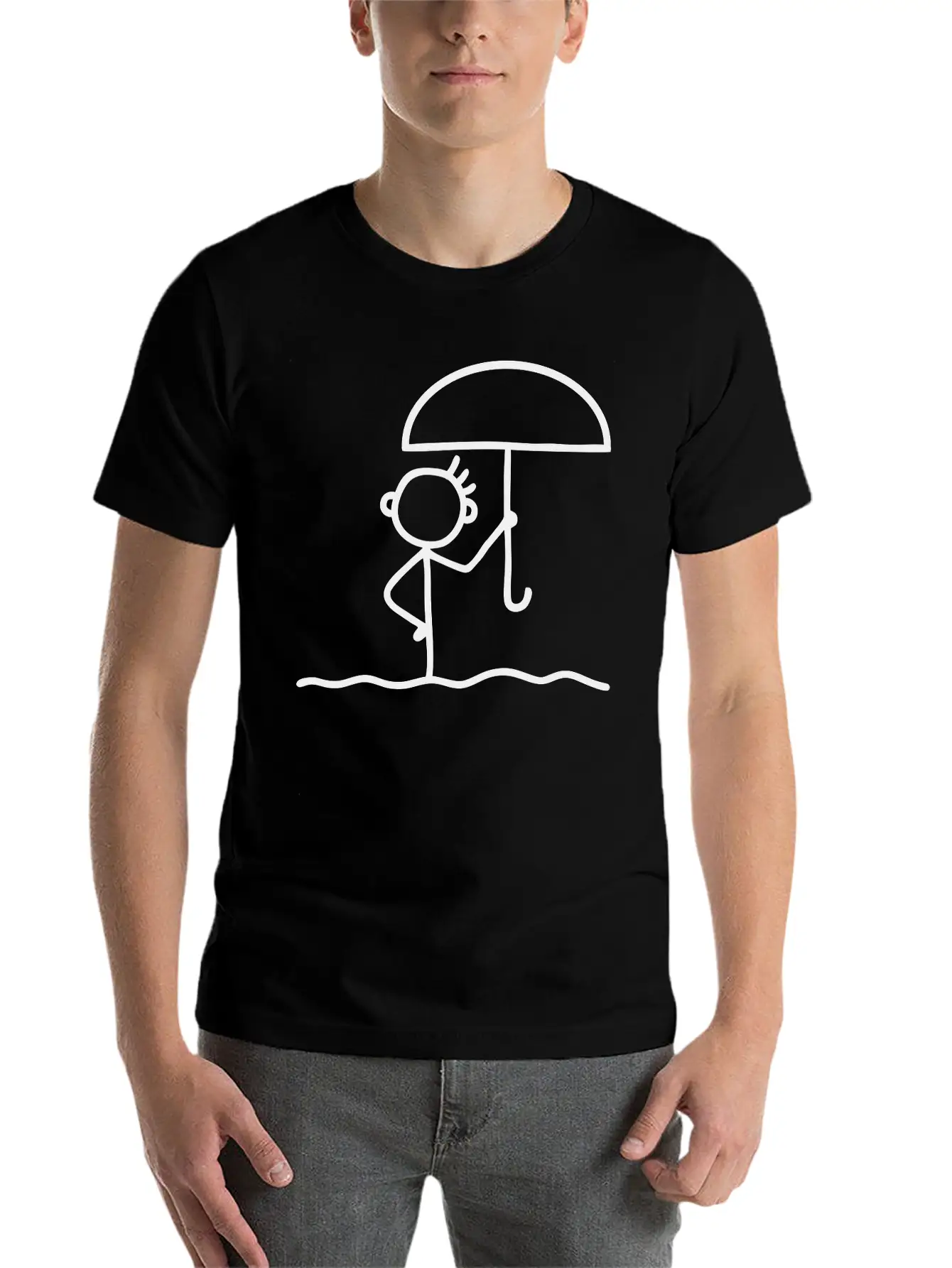 Stick Figure With Umbrella Essential Cotton Tee For Daily Outfits ¨C Unisex Style