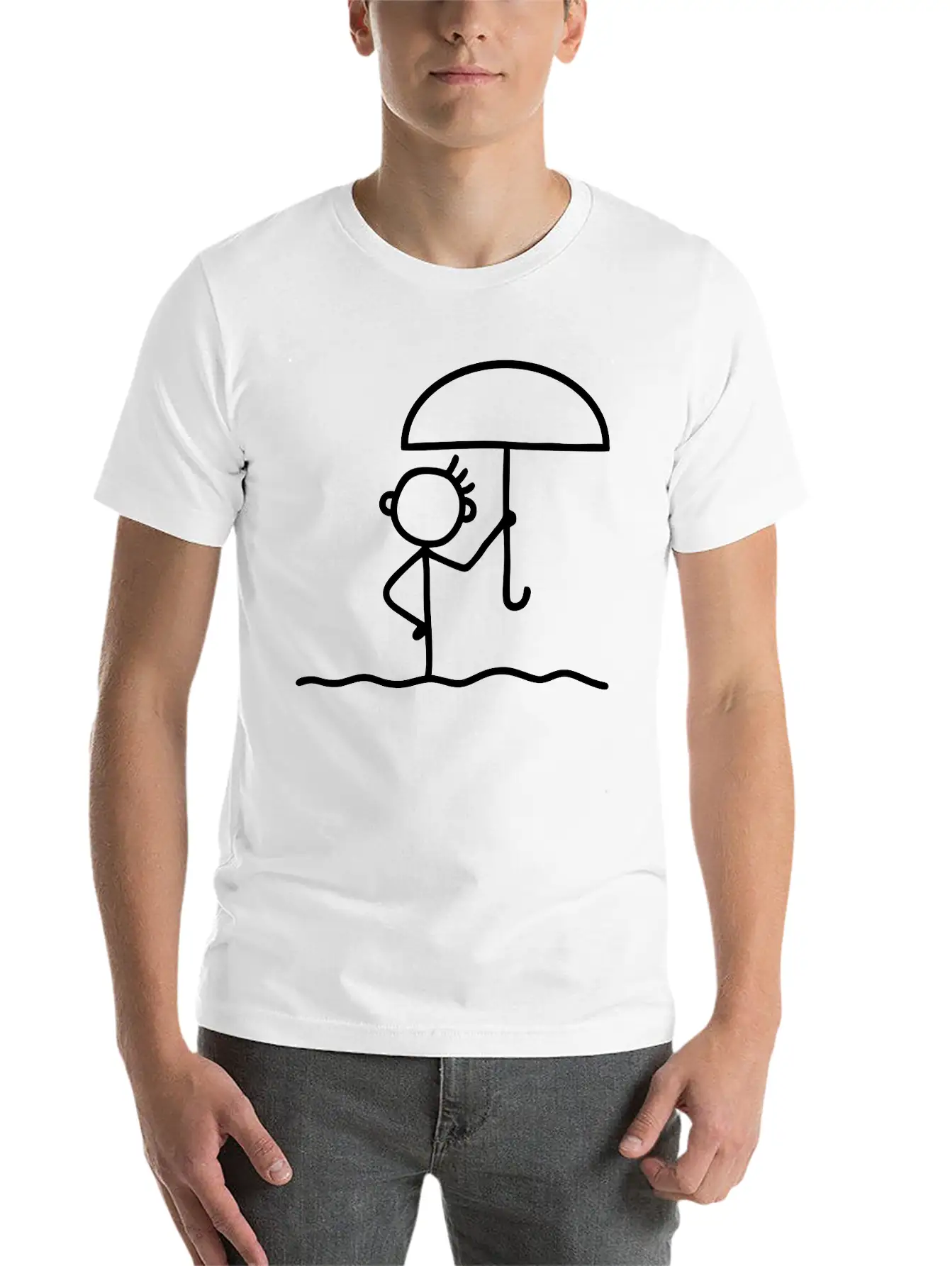 Stick Figure With Umbrella Essential Cotton Tee For Daily Outfits ¨C Unisex Style