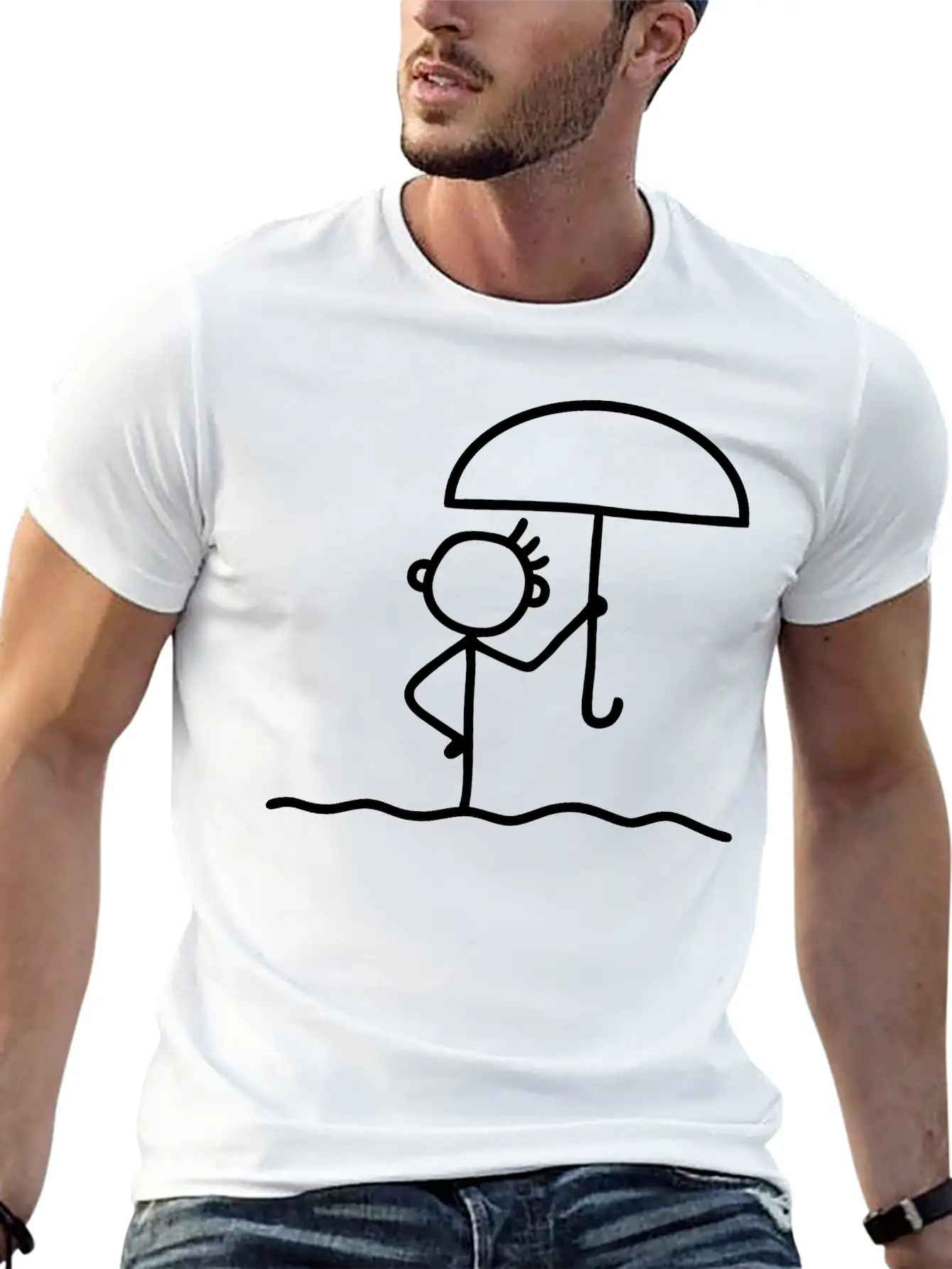 Stick Figure With Umbrella Essential Cotton Tee For Daily Outfits ¨C Unisex Style