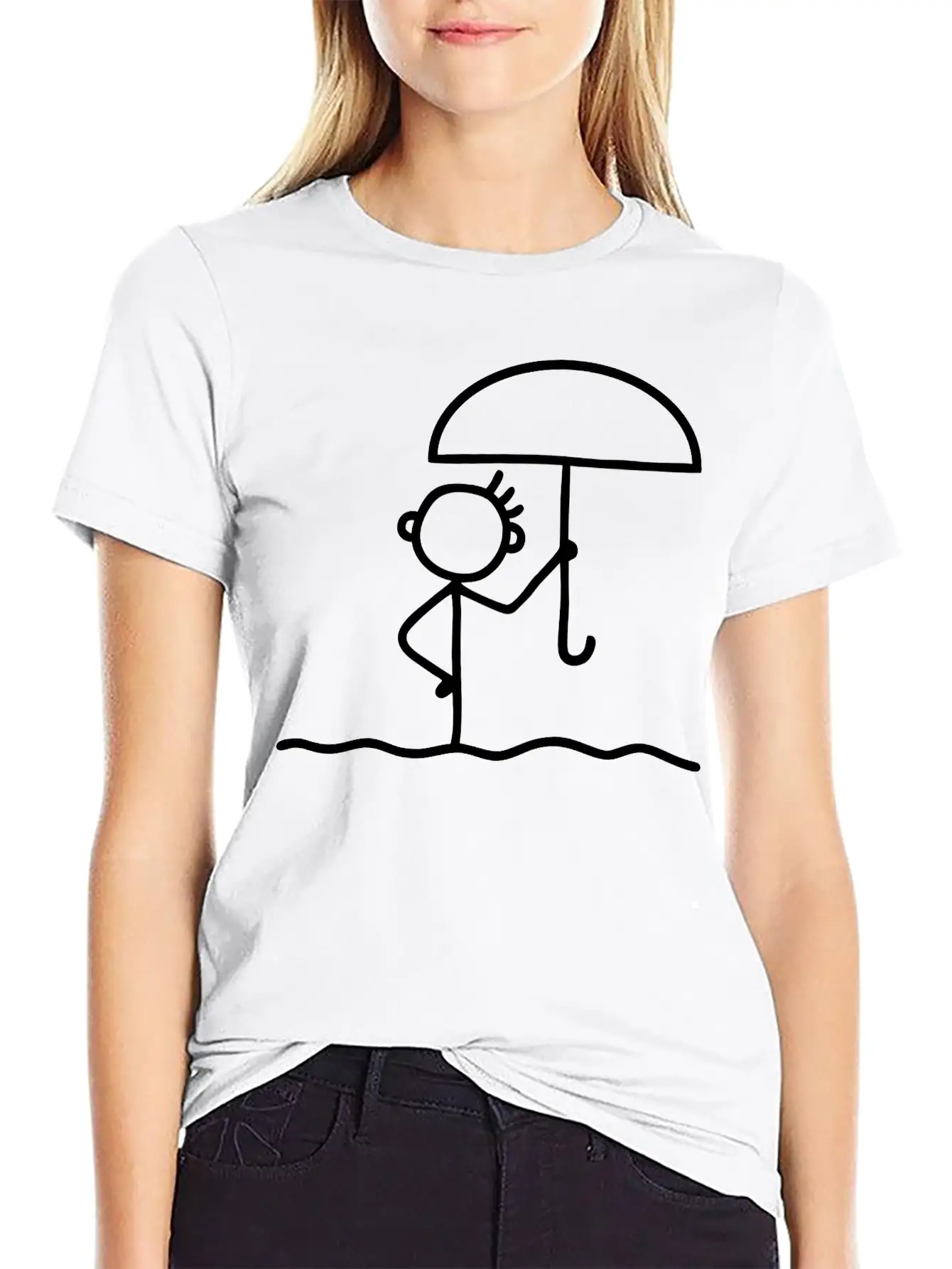 Stick Figure With Umbrella Essential Cotton Tee For Daily Outfits ¨C Unisex Style