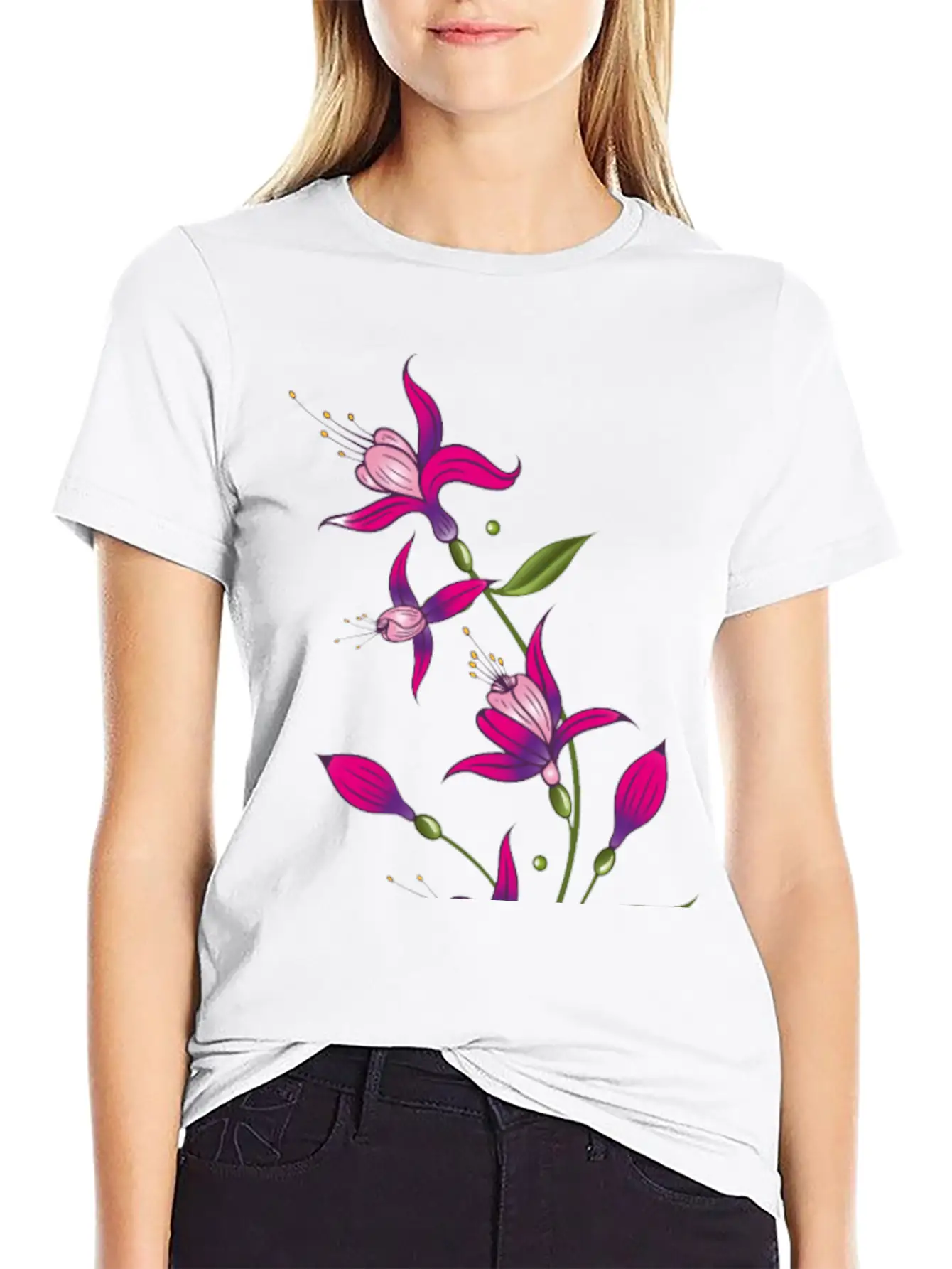 Summer Flowers, Fuchsias. Purple, Pink. Basic Graphic T-Shirt ¨C Daily Comfort In Soft Cotton