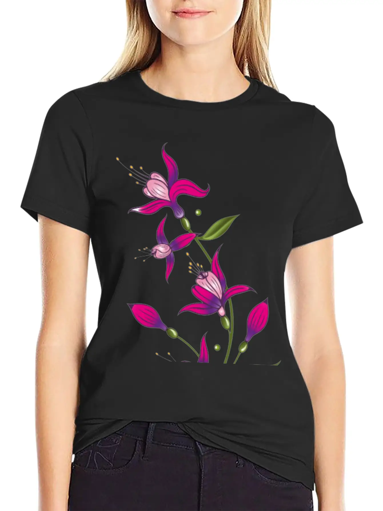 Summer Flowers, Fuchsias. Purple, Pink. Basic Graphic T-Shirt ¨C Daily Comfort In Soft Cotton