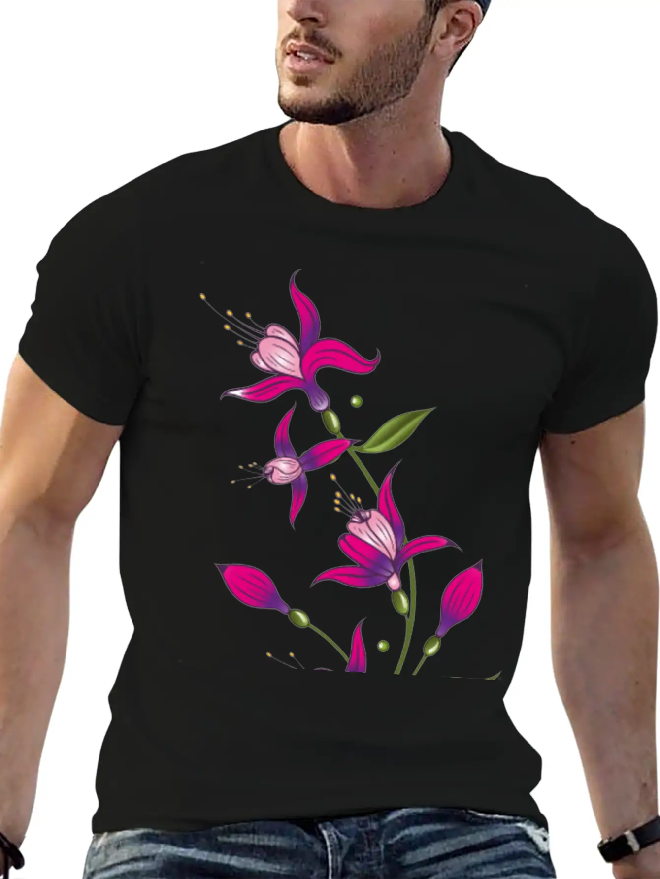 Summer Flowers, Fuchsias. Purple, Pink. Basic Graphic T-Shirt ¨C Daily Comfort In Soft Cotton