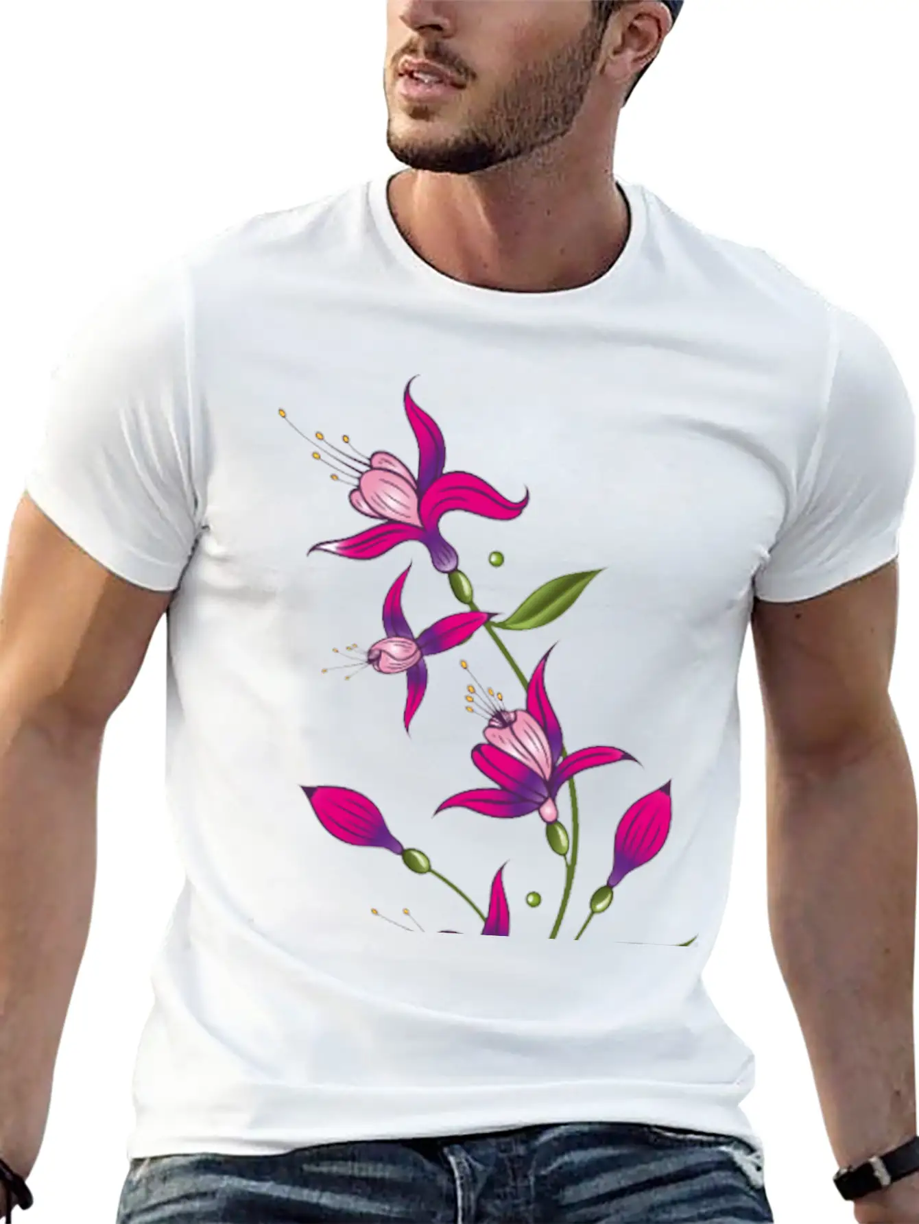 Summer Flowers, Fuchsias. Purple, Pink. Basic Graphic T-Shirt ¨C Daily Comfort In Soft Cotton
