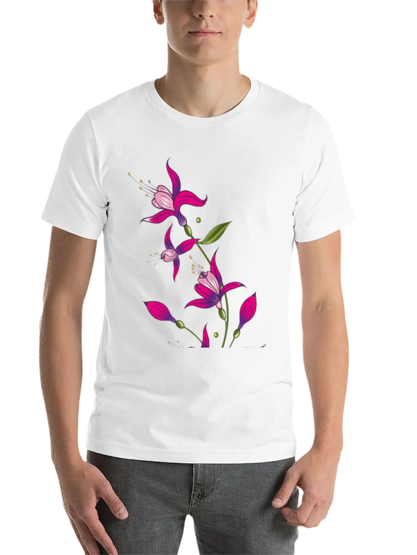 Summer Flowers, Fuchsias. Purple, Pink. Basic Graphic T-Shirt ¨C Daily Comfort In Soft Cotton