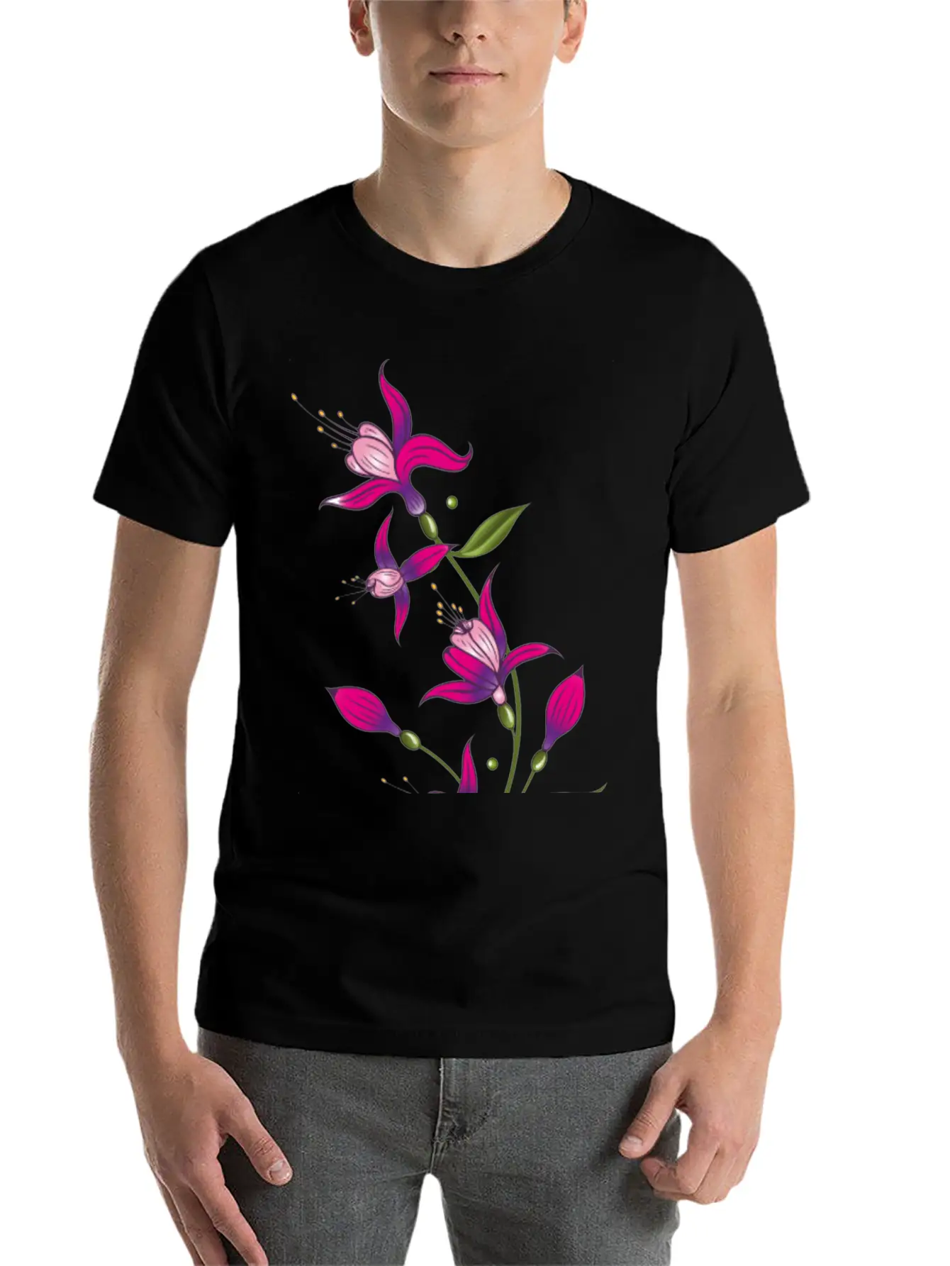 Summer Flowers, Fuchsias. Purple, Pink. Basic Graphic T-Shirt ¨C Daily Comfort In Soft Cotton
